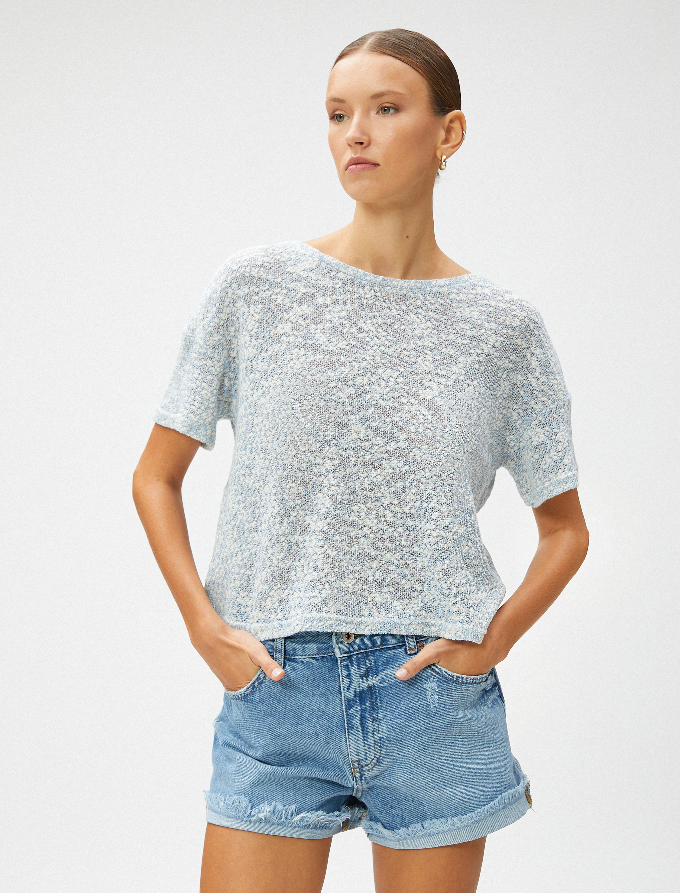   Kayık Yaka Bluz Kısa Kollu Pamuklu