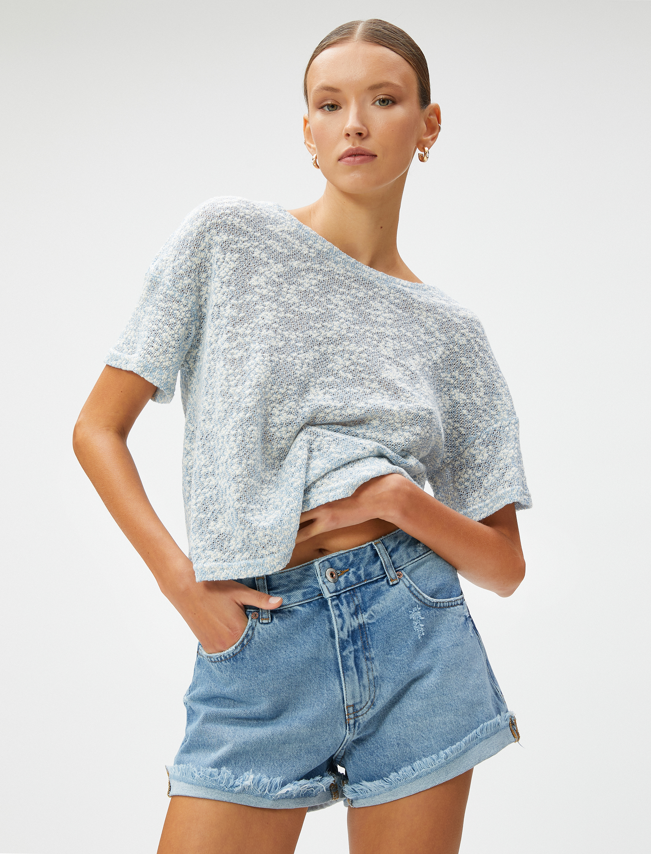   Kayık Yaka Bluz Kısa Kollu Pamuklu