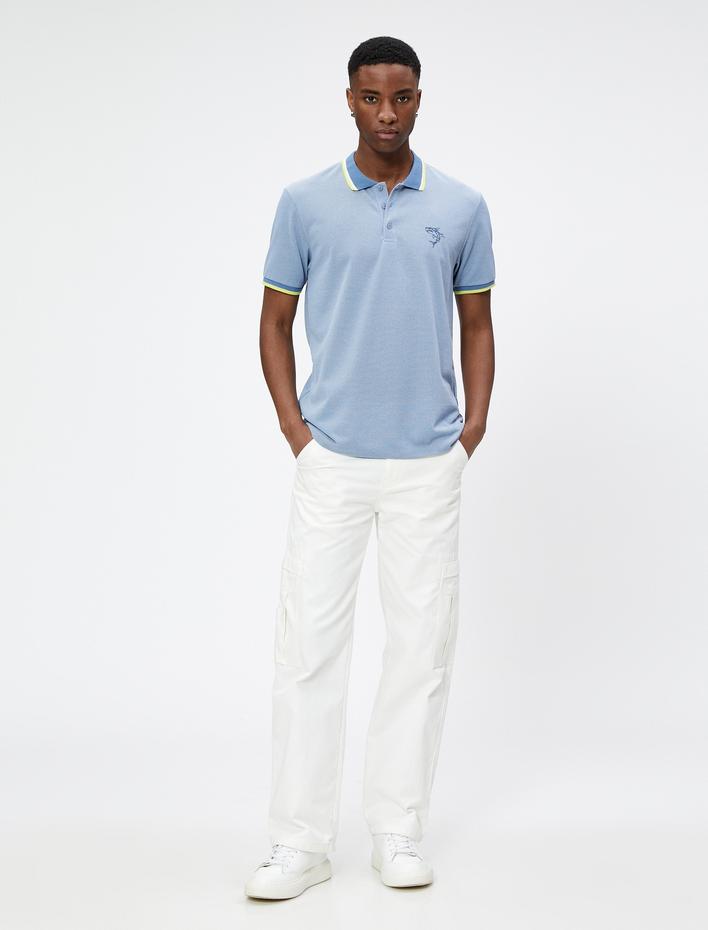  Polo Yaka Tişört Köpek Balığı İşlemeli Biyeli Düğmeli