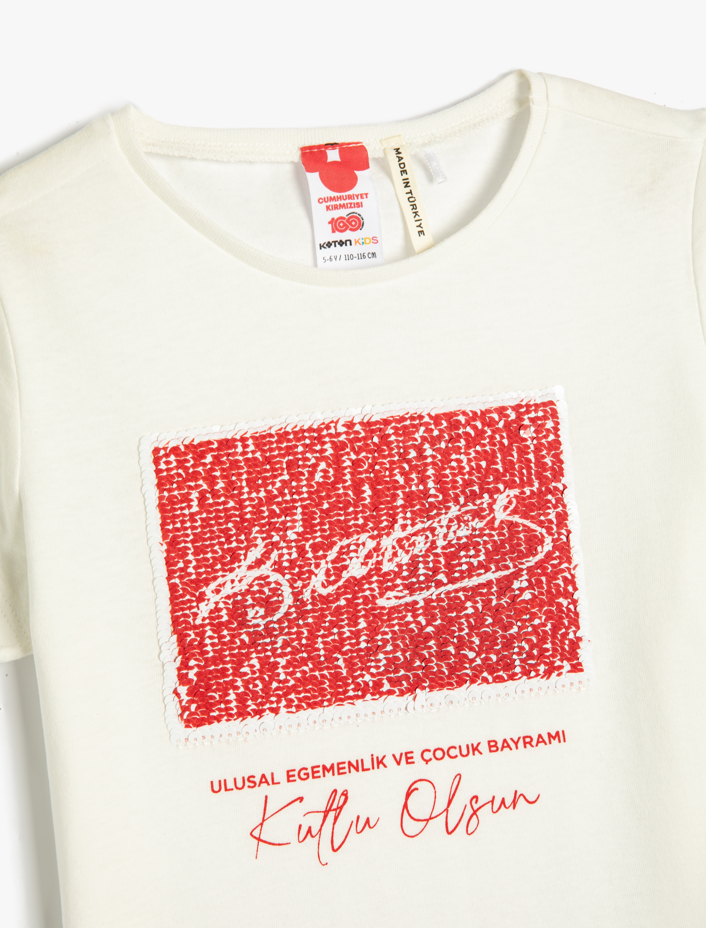  Kız Çocuk Atatürk Baskılı Tişört Kısa Kollu Çift Taraflı Pul Payet İşlemeli Pamuklu