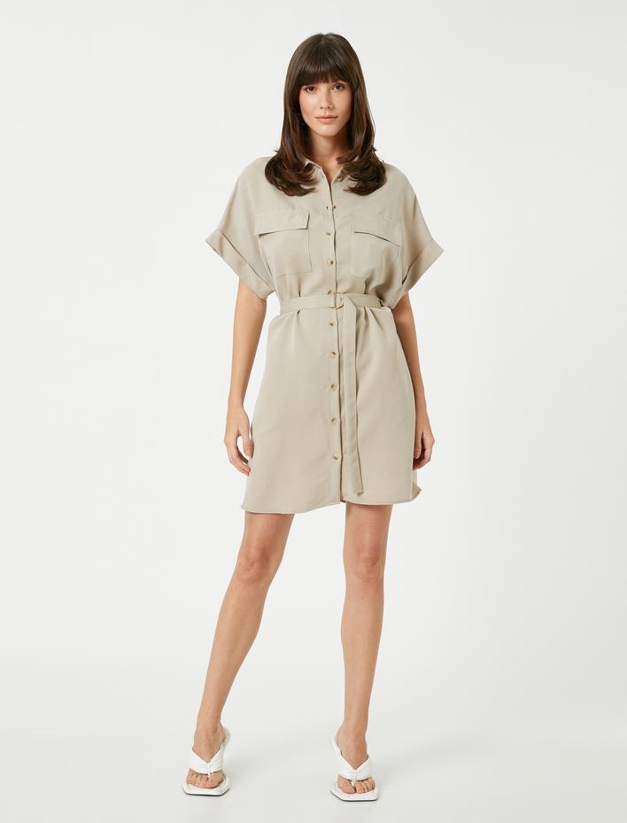  Gömlek Elbise Kısa Kollu Cepli Kemerli
