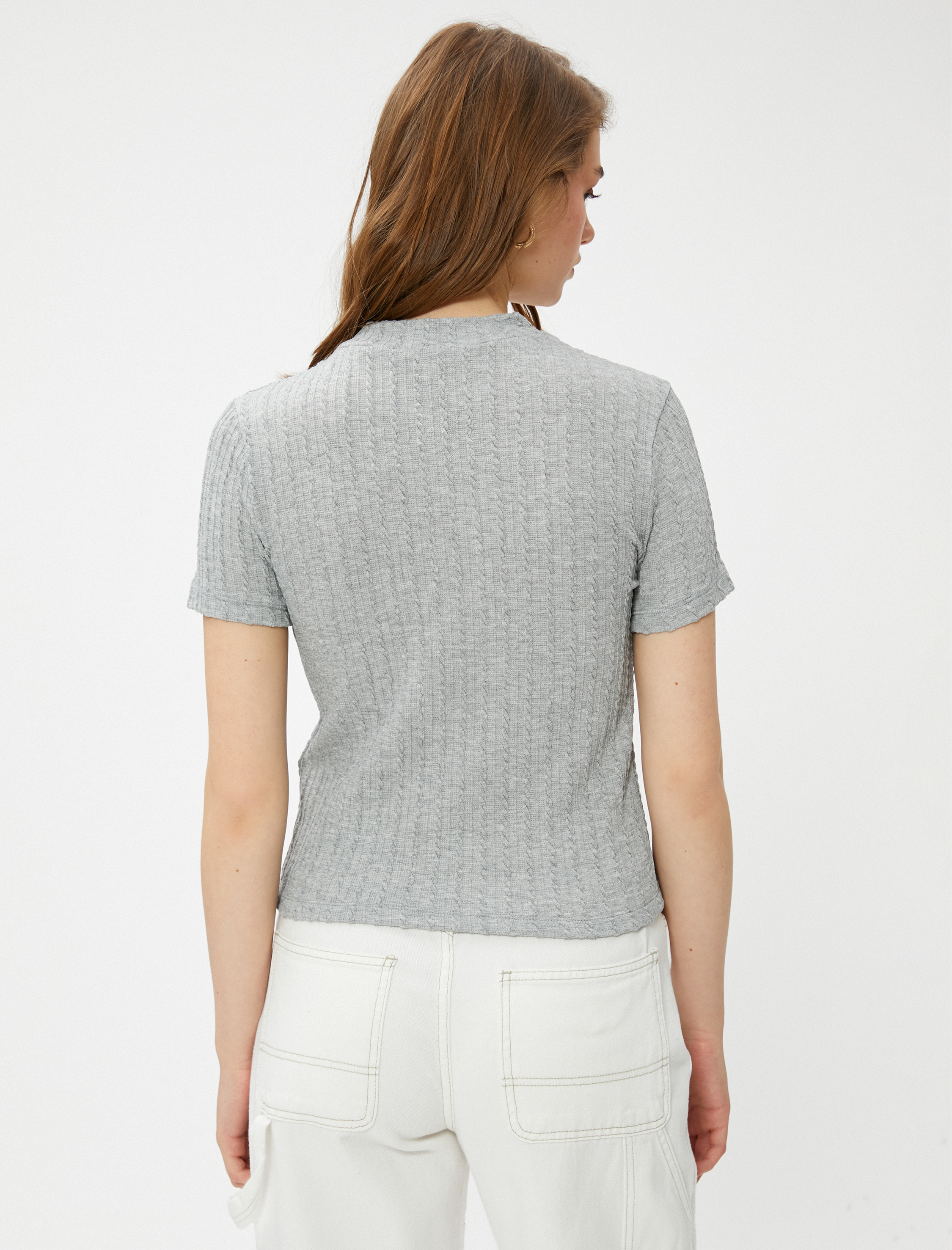   Kısa Kollu Tişört Örgü Motifli Dik Yaka