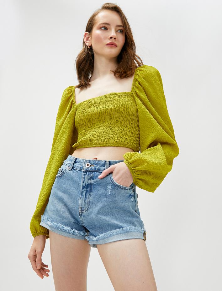  Crop Bluz Gipeli Balon Kol Kare Yaka