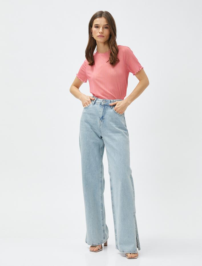  Transparan Tişört Fırfır Detaylı Kısa Kollu