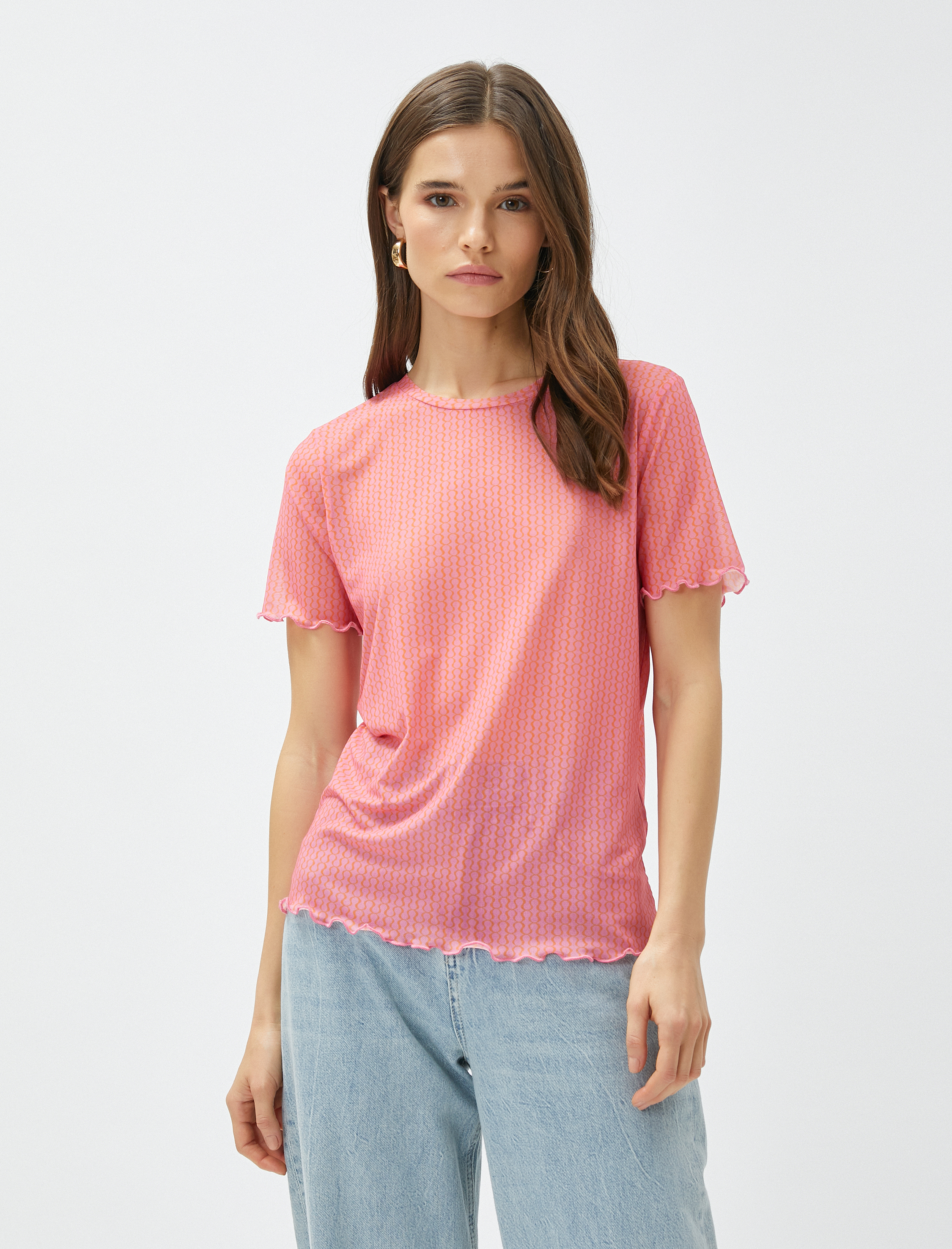   Transparan Tişört Fırfır Detaylı Kısa Kollu