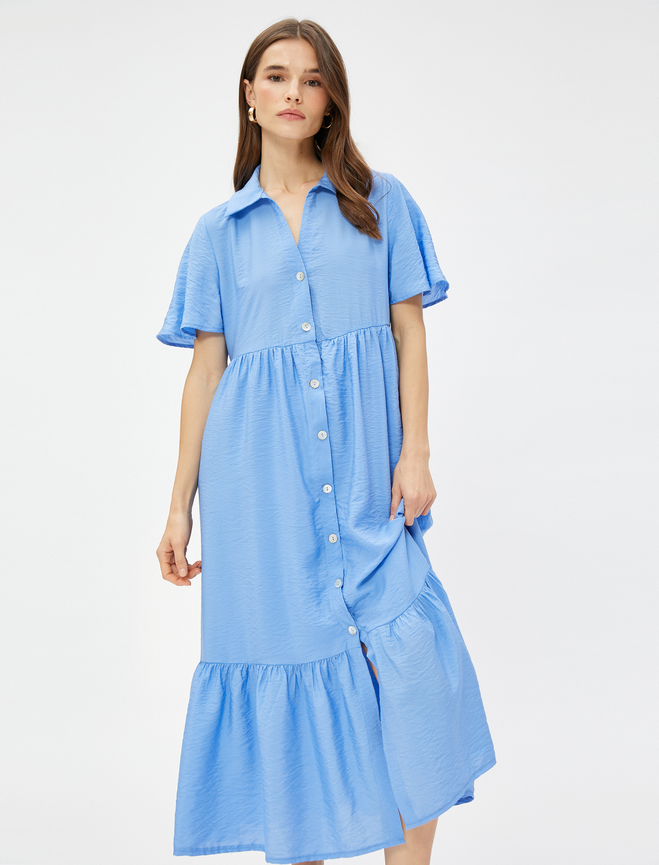   Uzun Gömlek Elbise Kısa Kollu Katlı