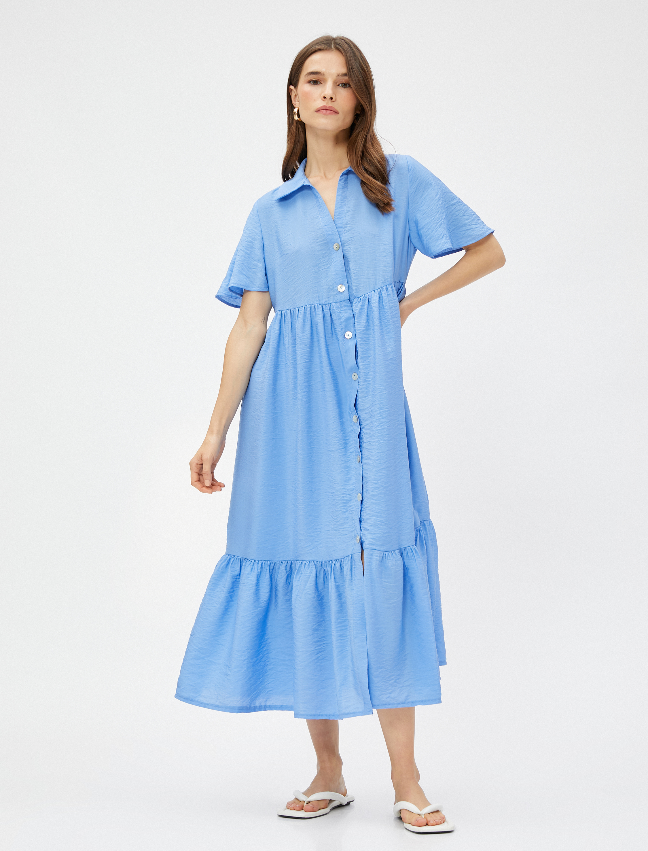   Uzun Gömlek Elbise Kısa Kollu Katlı