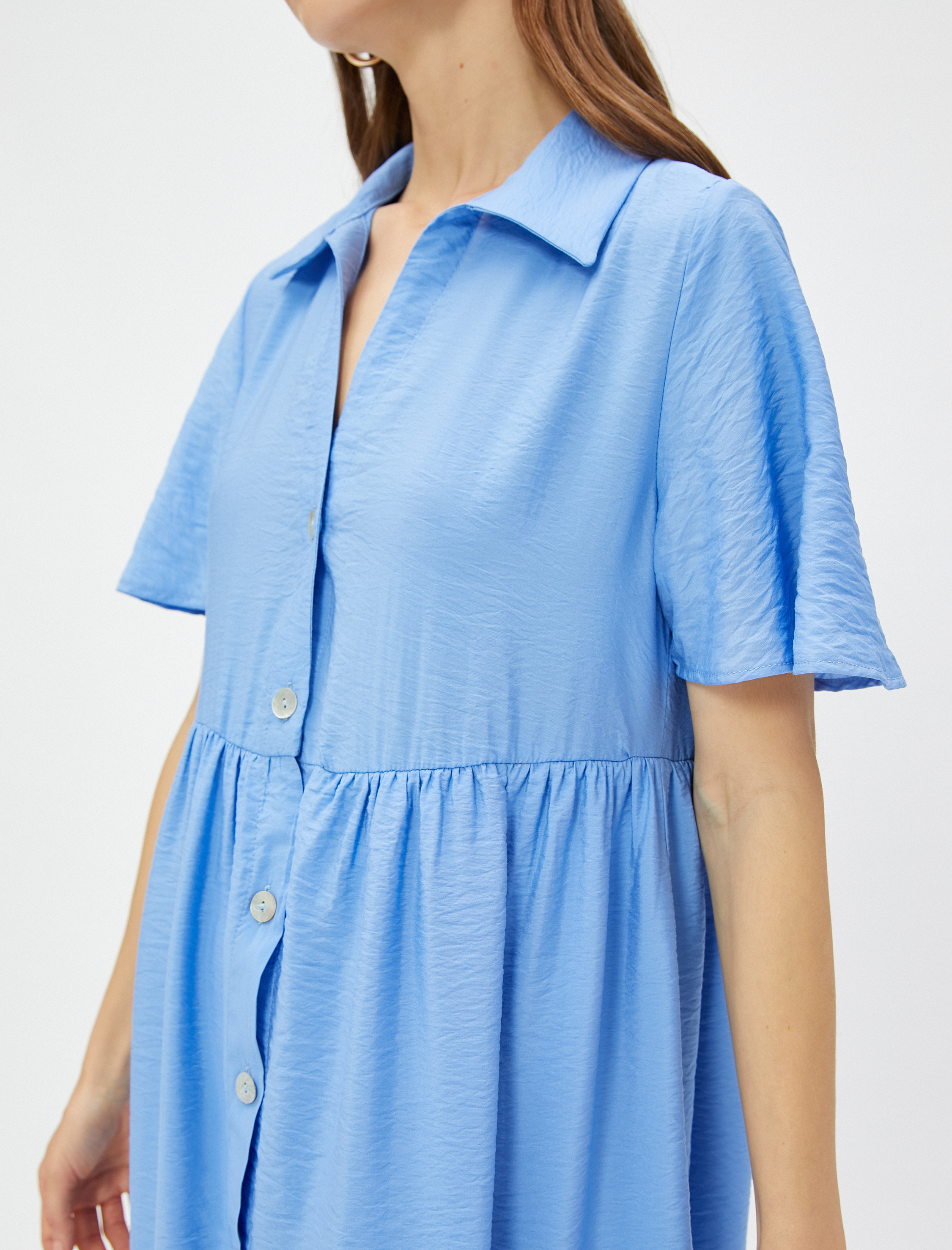   Uzun Gömlek Elbise Kısa Kollu Katlı