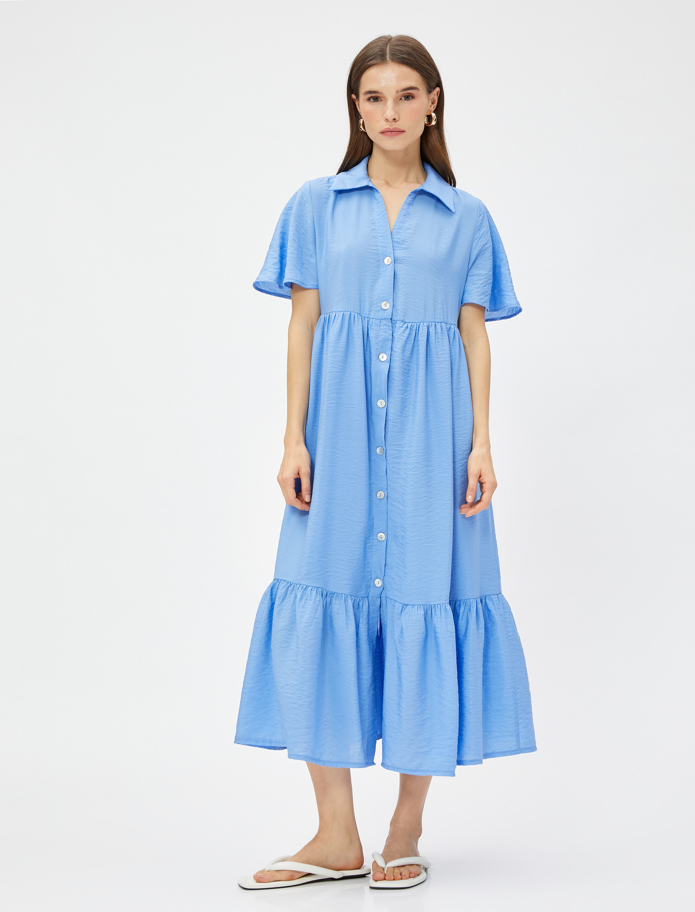   Uzun Gömlek Elbise Kısa Kollu Katlı