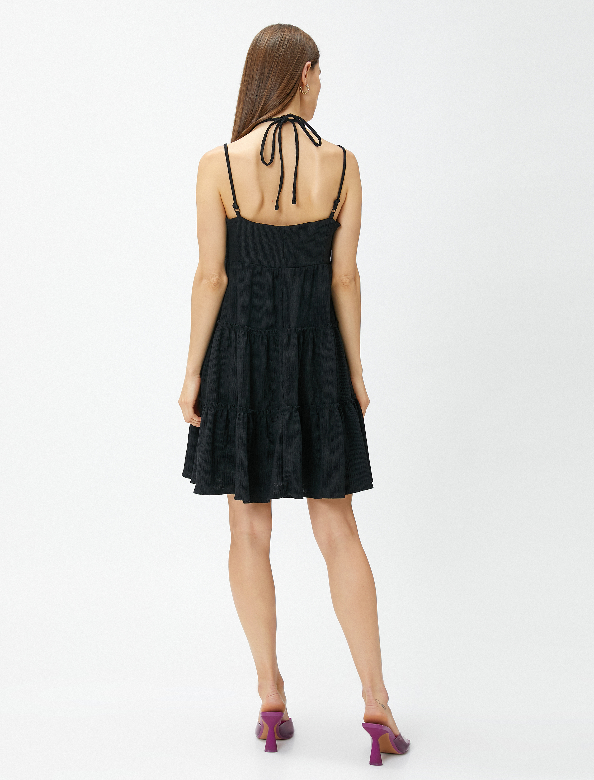   Mini Elbise Askı Detaylı Katlı Fiyonk Detaylı