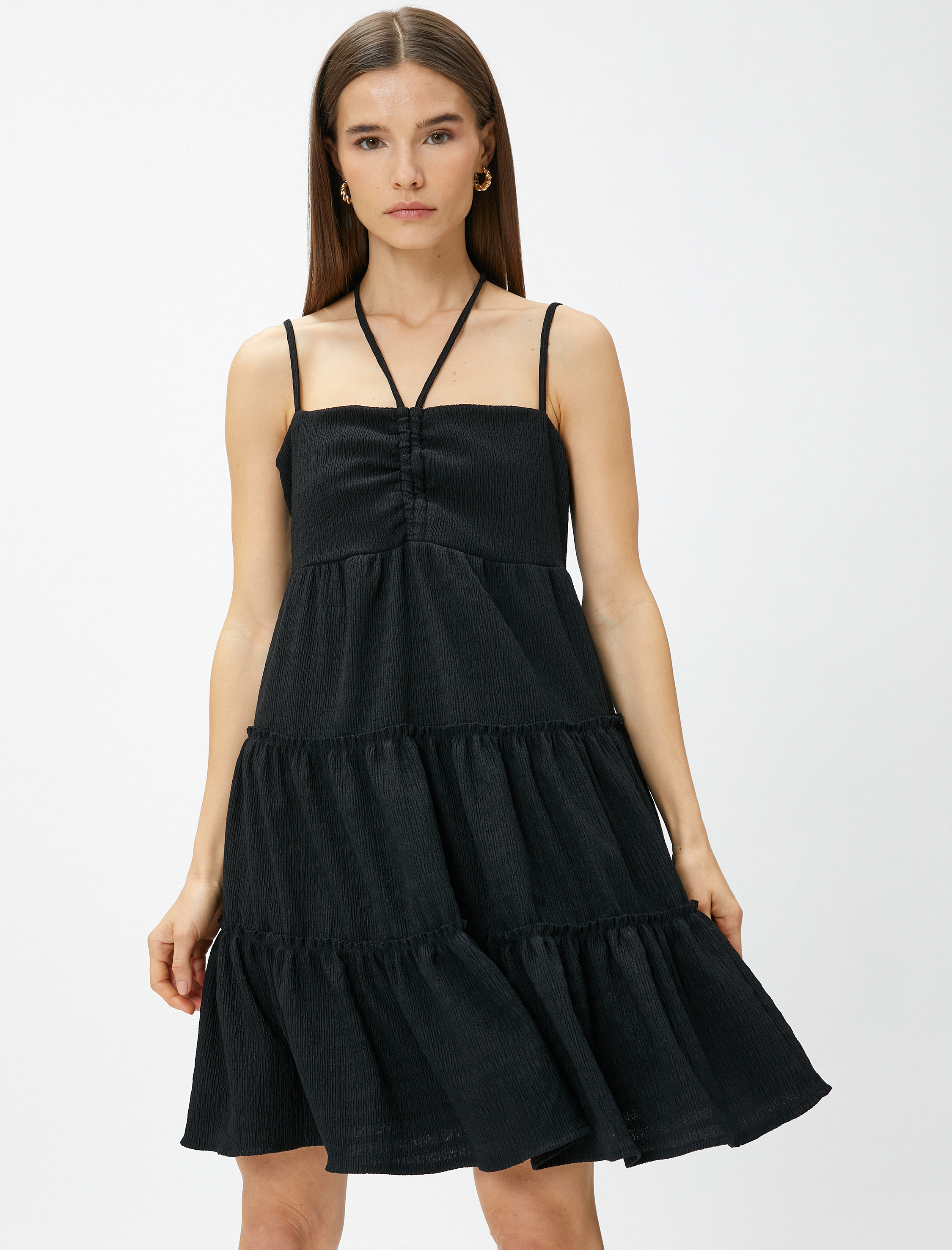   Mini Elbise Askı Detaylı Katlı Fiyonk Detaylı