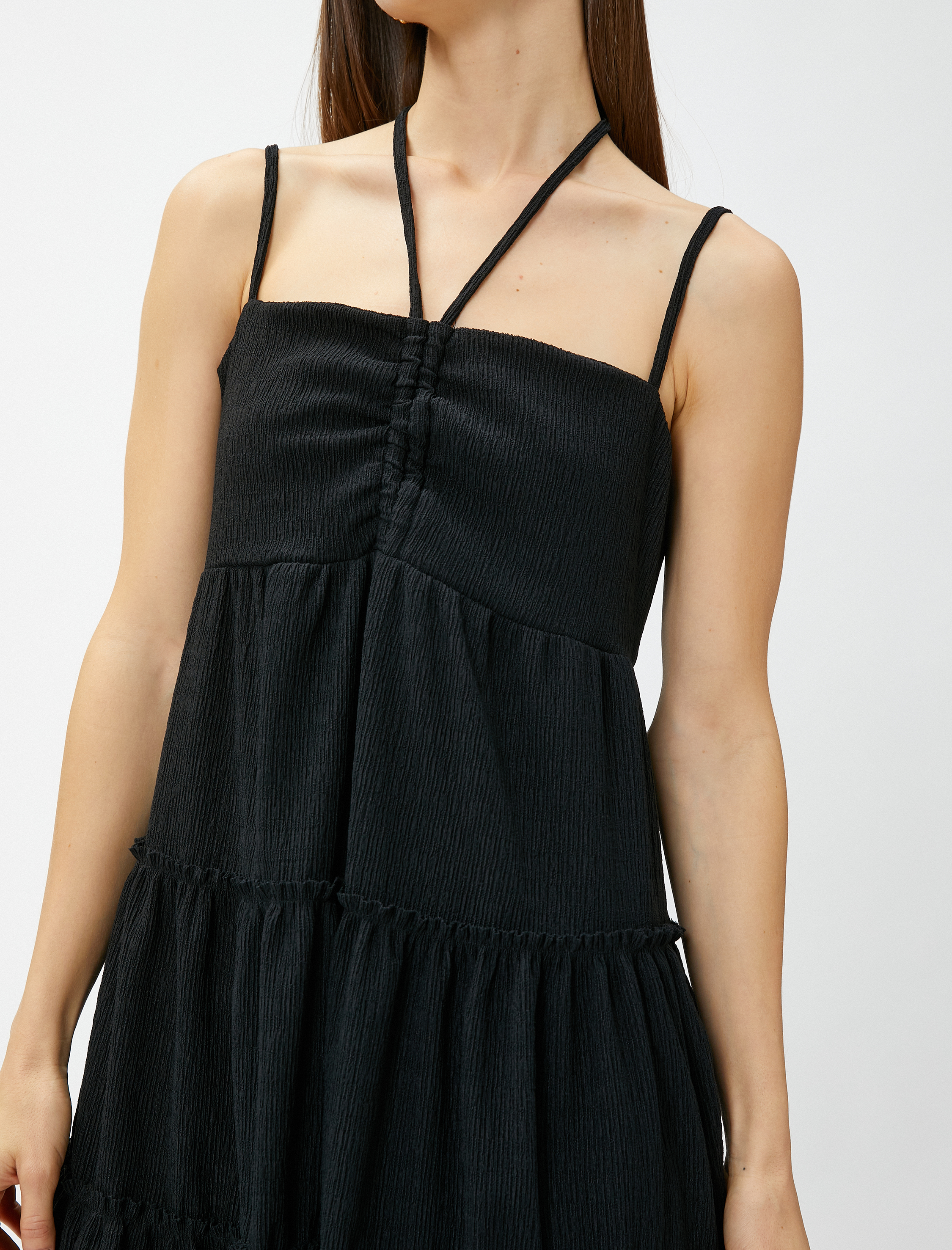   Mini Elbise Askı Detaylı Katlı Fiyonk Detaylı