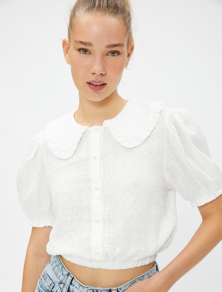  Crop Bluz Bebe Yaka Balon Kollu Düğmeli Viskon