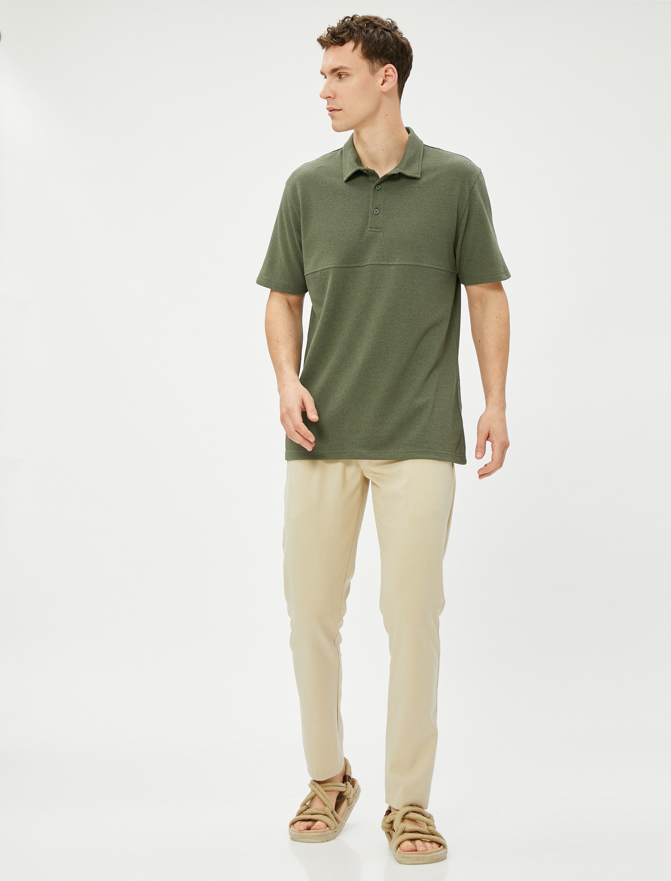   Polo Yaka Tişört Düğmeli Dikiş Detaylı Kısa Kollu