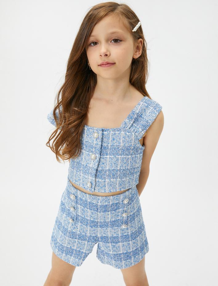 Kız Çocuk Crop Tüvit Bluz Kolsuz İnci Düğme Detaylı