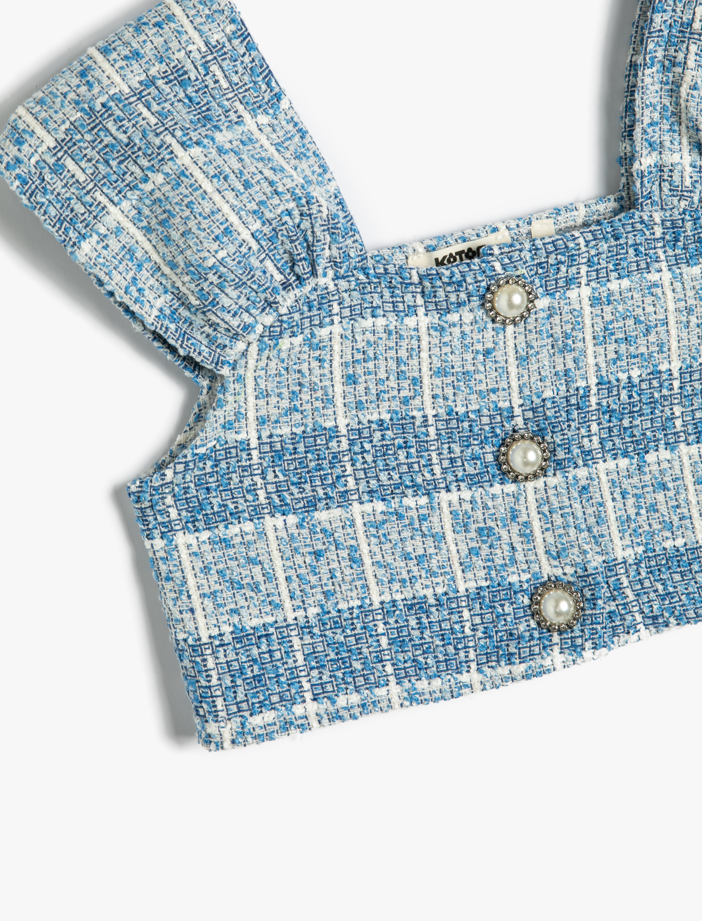  Kız Çocuk Crop Tüvit Bluz Kolsuz İnci Düğme Detaylı