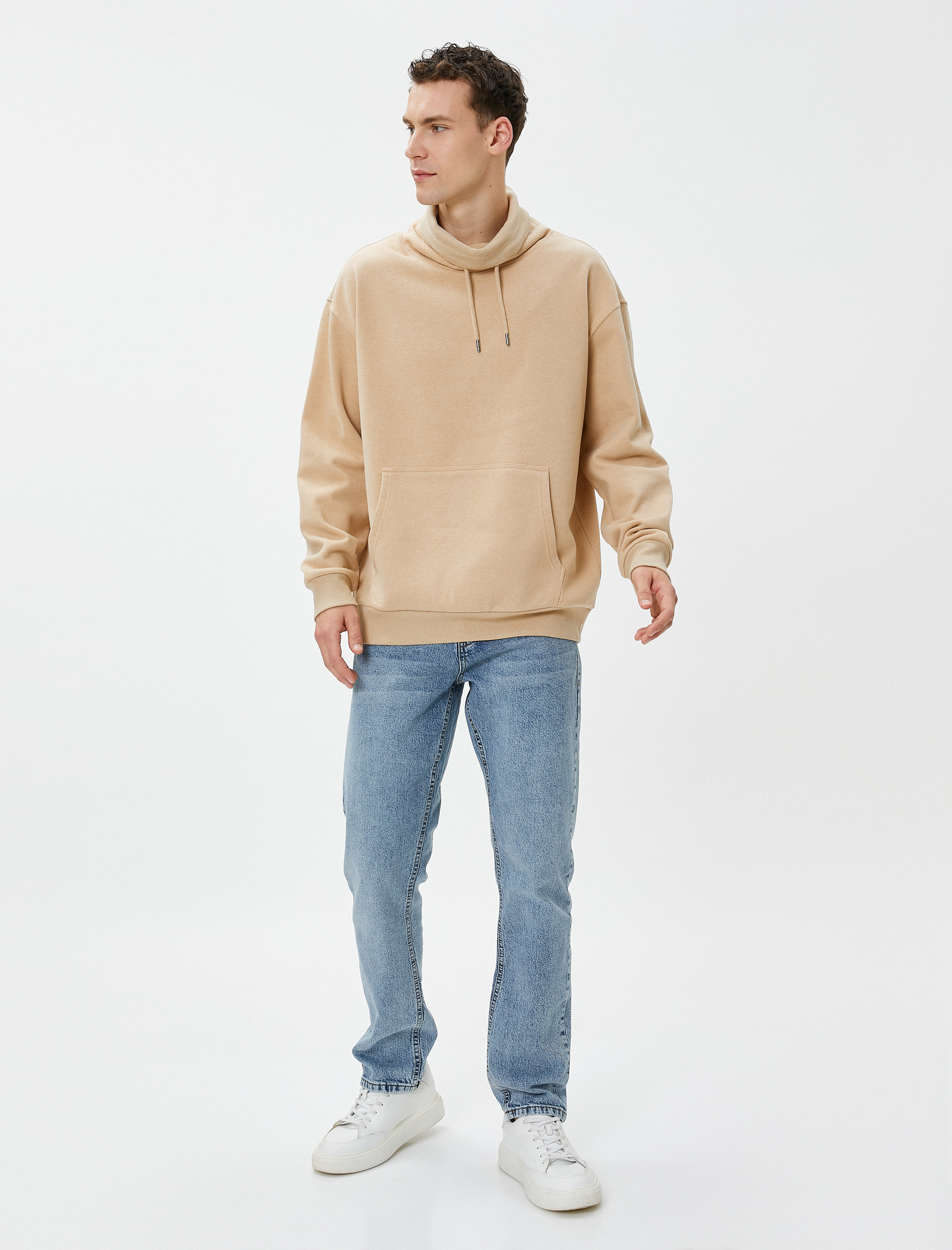   Oversize Sweatshirt Şal Yaka Kanguru Cepli Bağcıklı Şardonlu