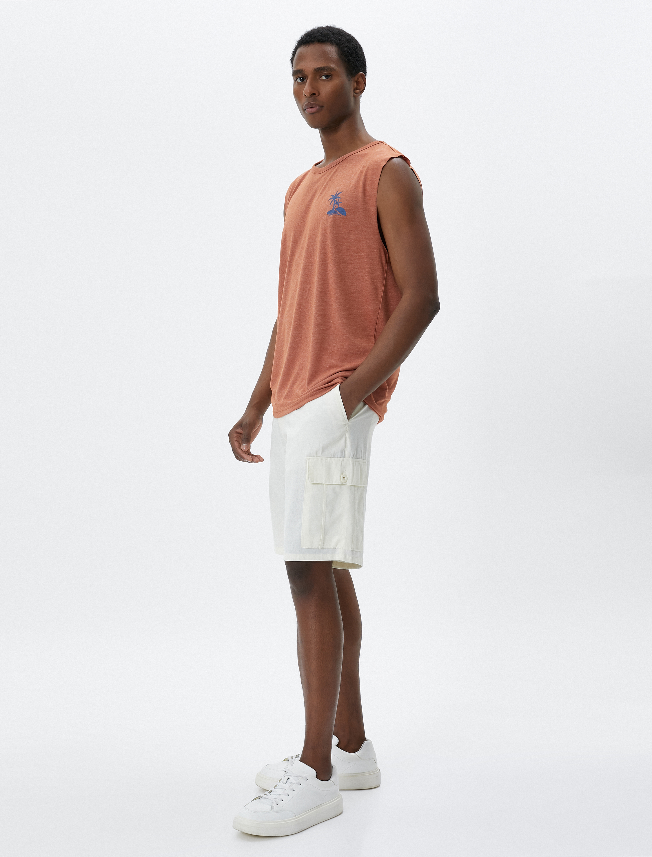   Palmiye Baskılı Kolsuz Tişört Bisiklet Yaka Viskon Karışımlı