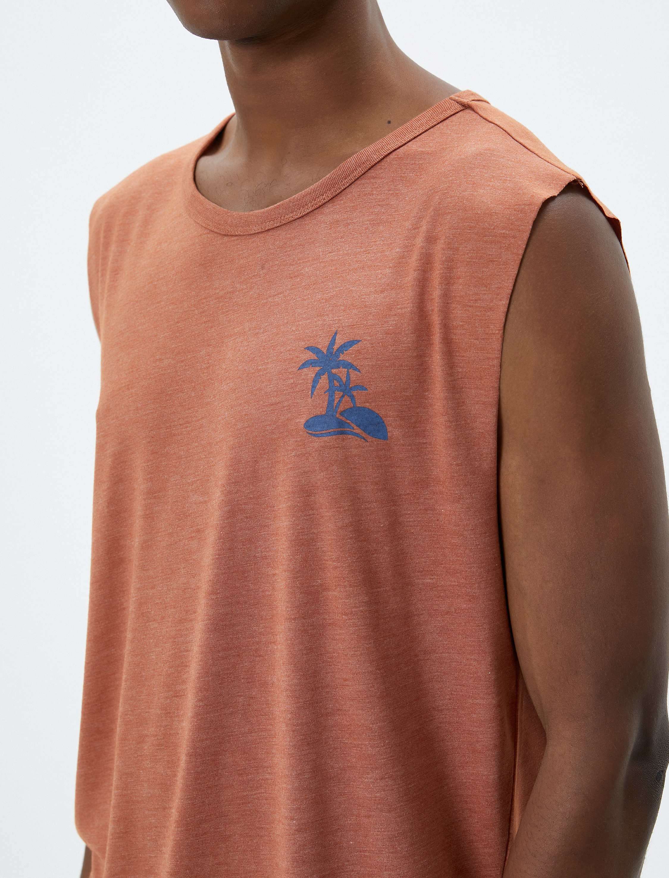   Palmiye Baskılı Kolsuz Tişört Bisiklet Yaka Viskon Karışımlı