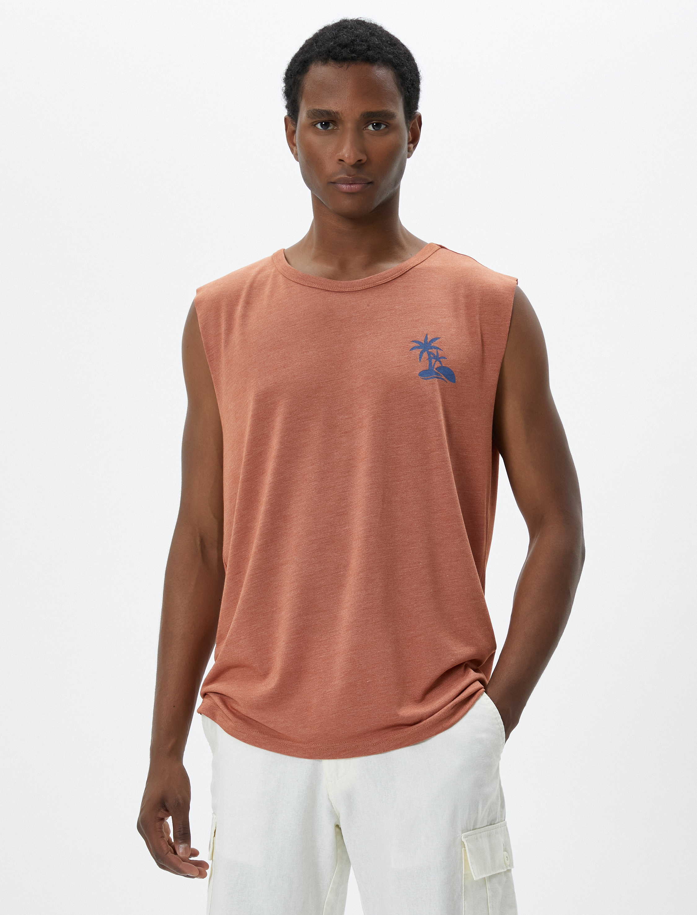   Palmiye Baskılı Kolsuz Tişört Bisiklet Yaka Viskon Karışımlı