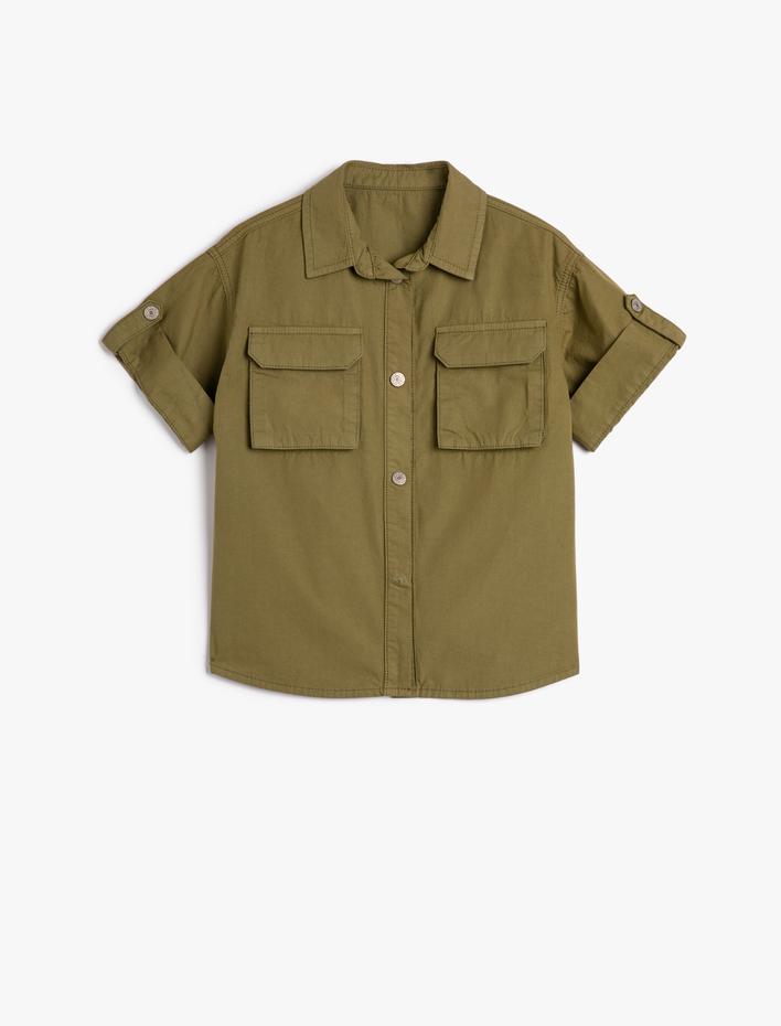 Erkek Çocuk Safari Gömlek Kısa Kollu Kapaklı Çift Cep Detaylı