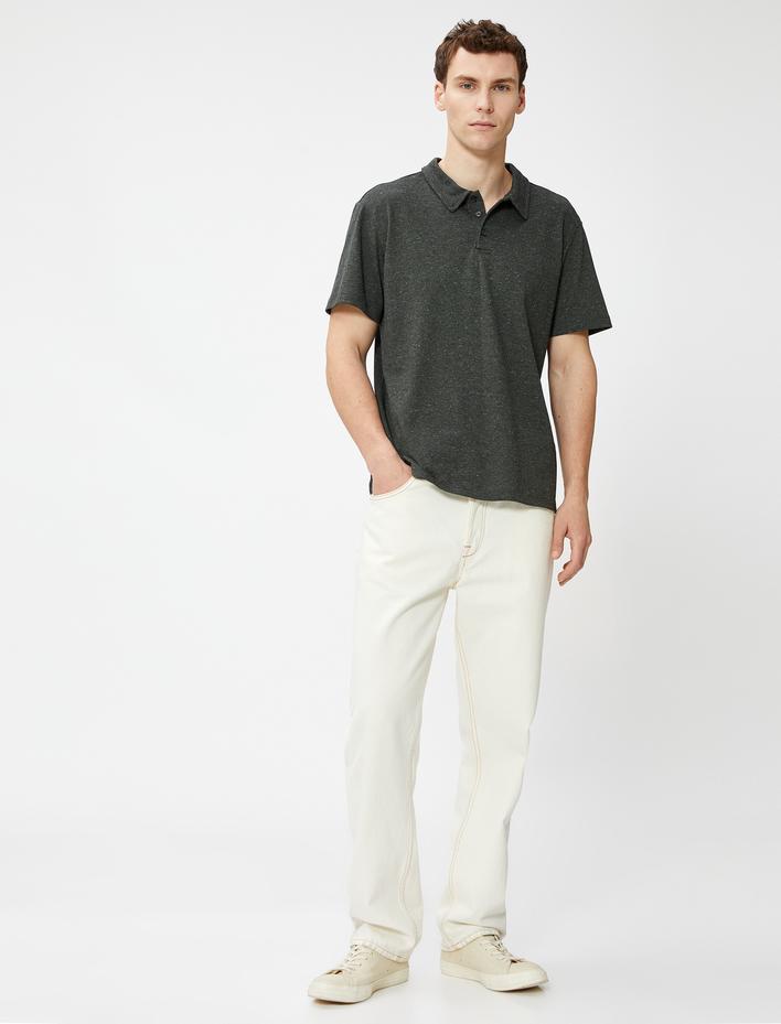  Kırçıllı Polo Yaka Tişört Düğmeli Kısa Kollu