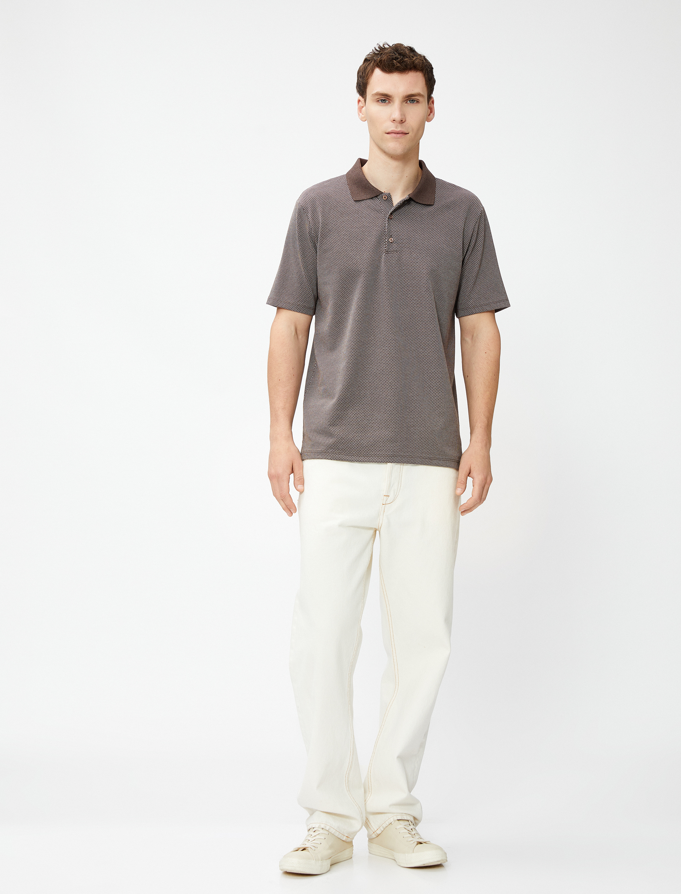   Polo Yaka Tişört Düğmeli Kısa Kollu Geometrik Baskılı