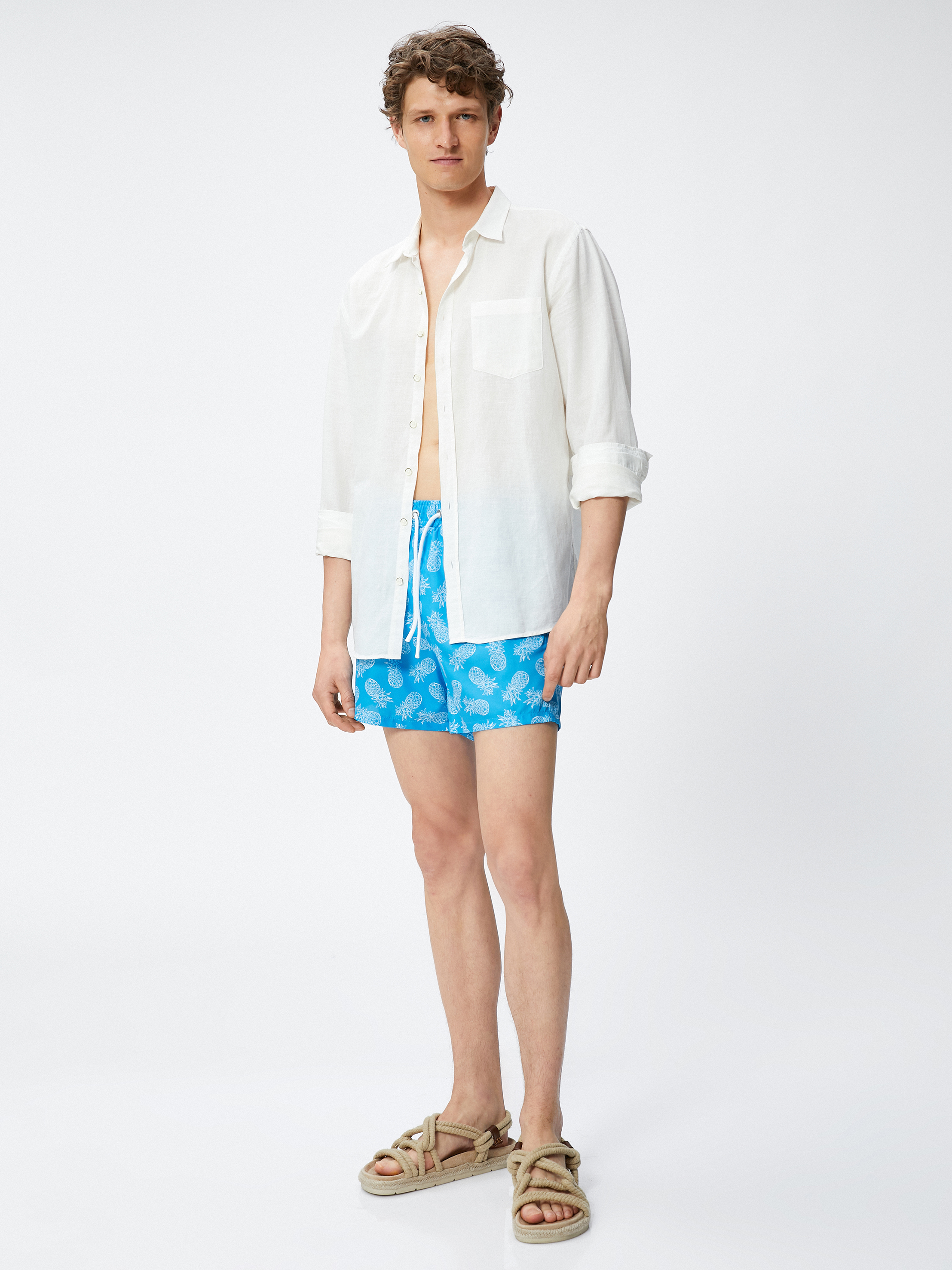   Kısa Deniz Şortu Ananas Baskılı Beli Bağcıklı Cepli