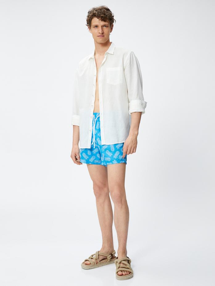  Kısa Deniz Şortu Ananas Baskılı Beli Bağcıklı Cepli