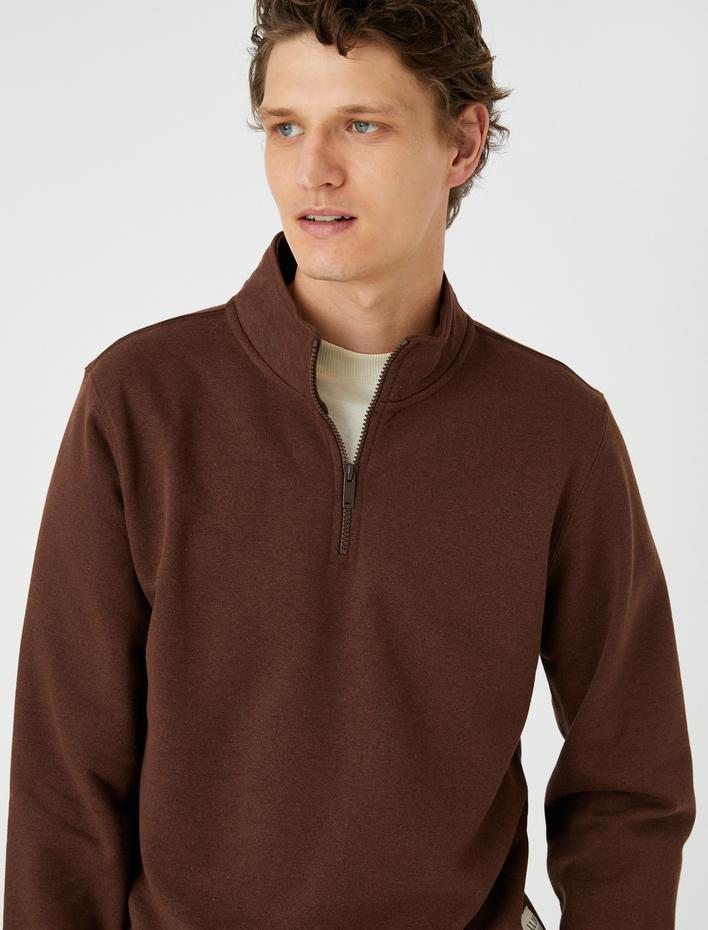  Yarım Fermuarlı Sweatshirt Dik Yaka Uzun Kollu Şardonlu
