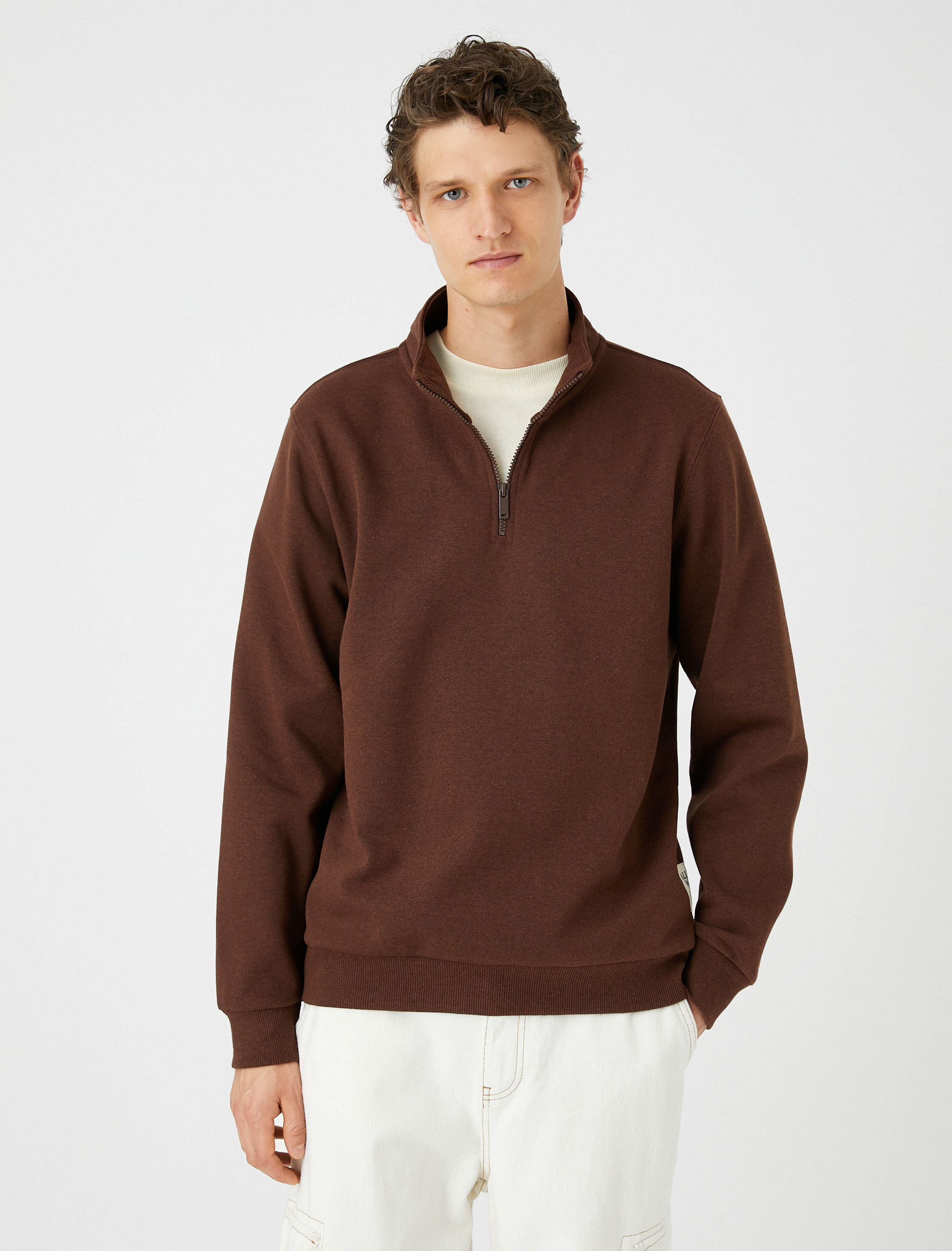   Yarım Fermuarlı Sweatshirt Dik Yaka Uzun Kollu Şardonlu