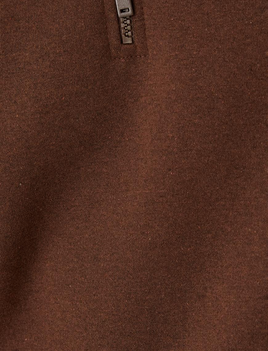   Yarım Fermuarlı Sweatshirt Dik Yaka Uzun Kollu Şardonlu