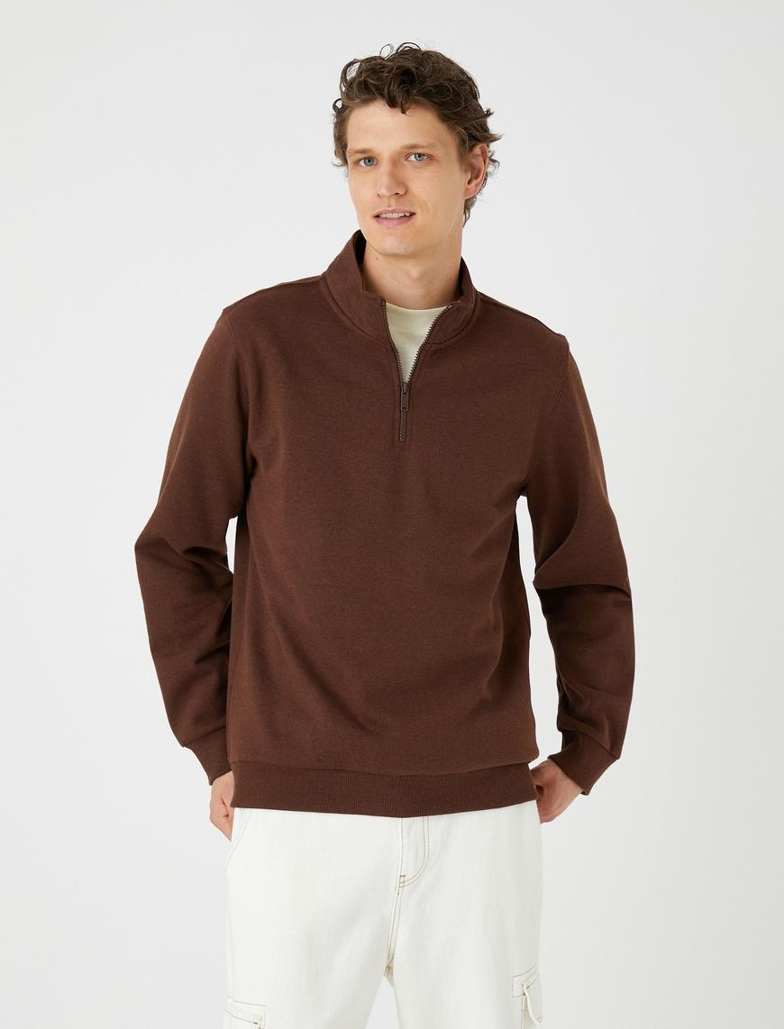   Yarım Fermuarlı Sweatshirt Dik Yaka Uzun Kollu Şardonlu