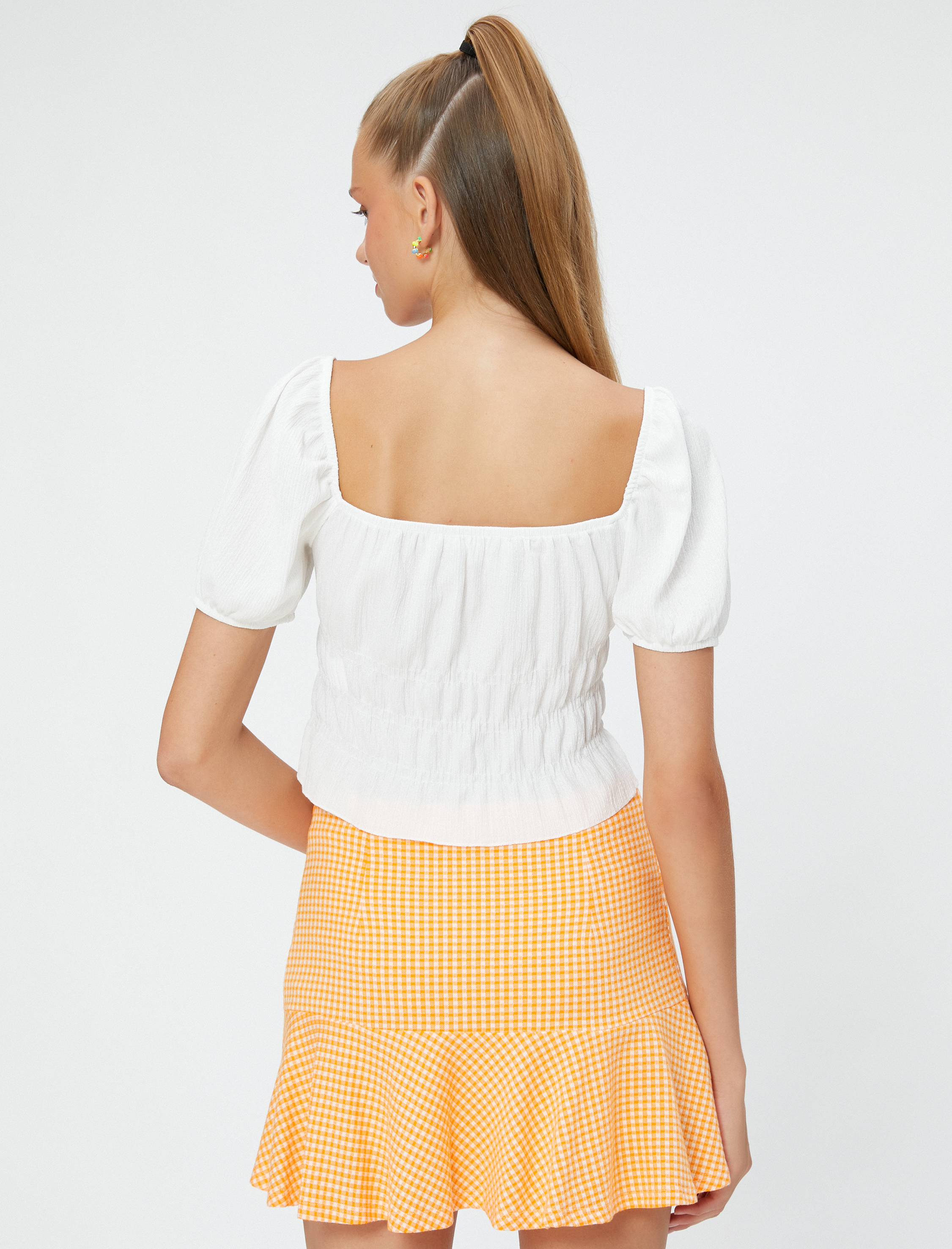   Balon Kollu Tişört Kare Yaka Fırfırlı Dokulu Bürümcük