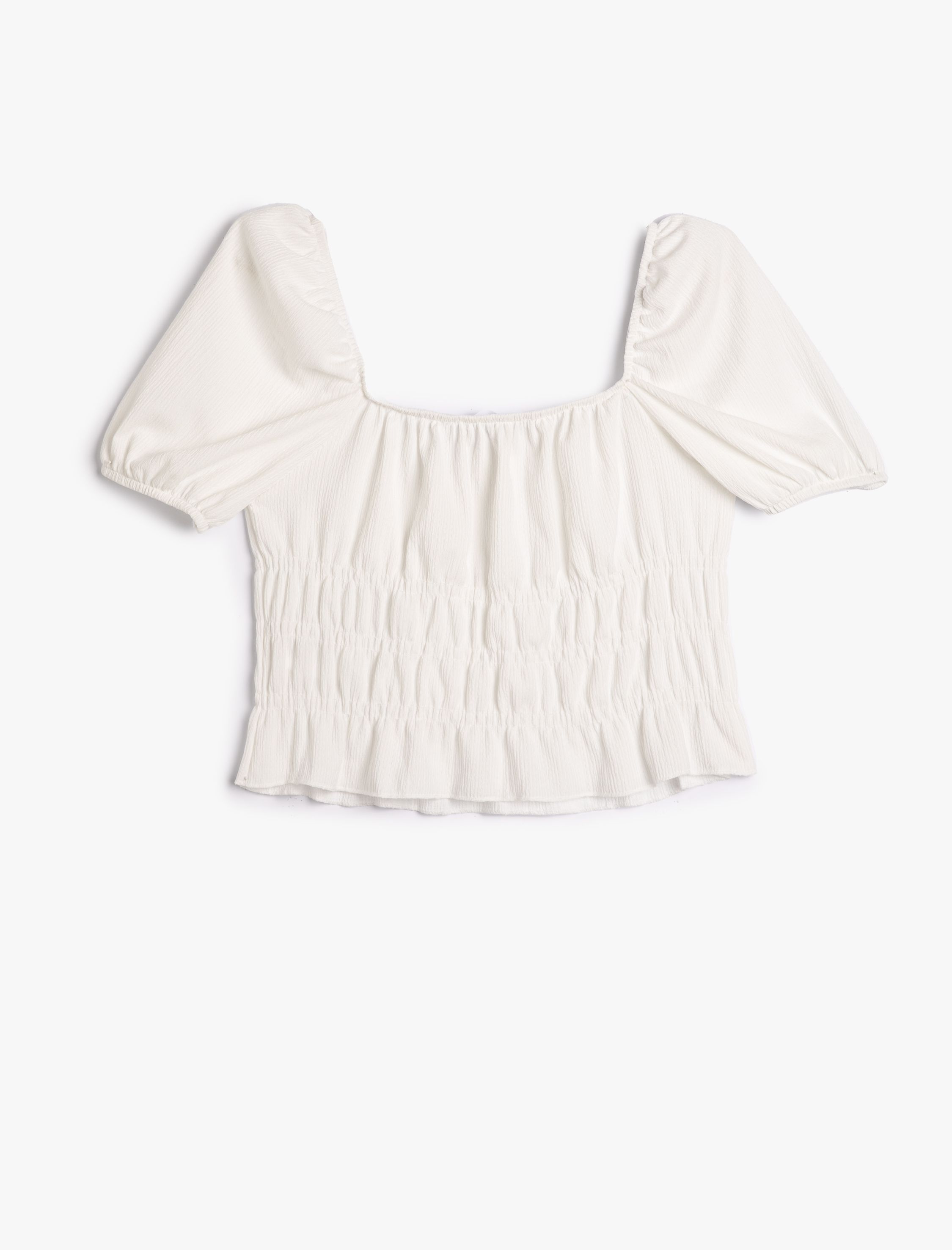   Balon Kollu Tişört Kare Yaka Fırfırlı Dokulu Bürümcük