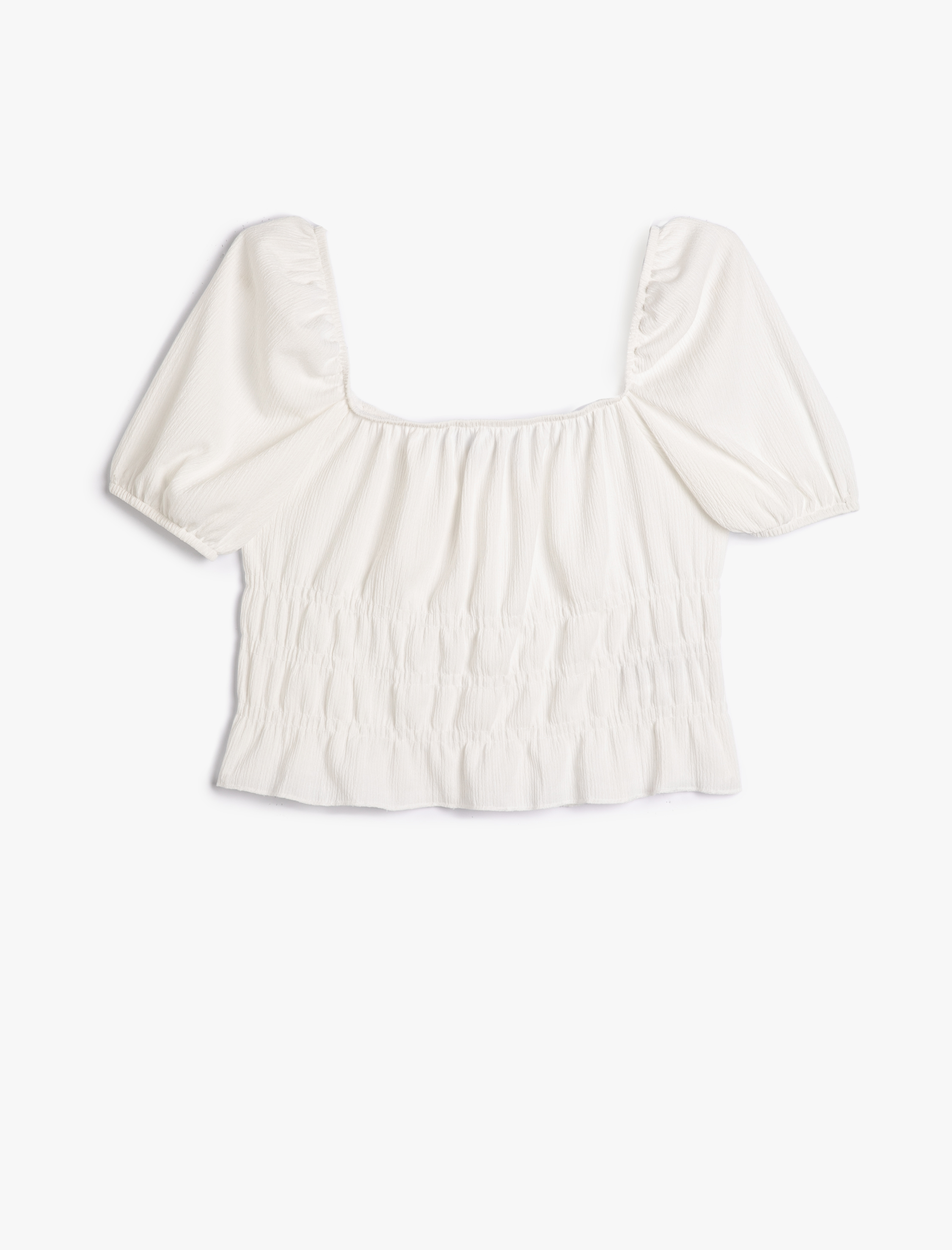   Balon Kollu Tişört Kare Yaka Fırfırlı Dokulu Bürümcük