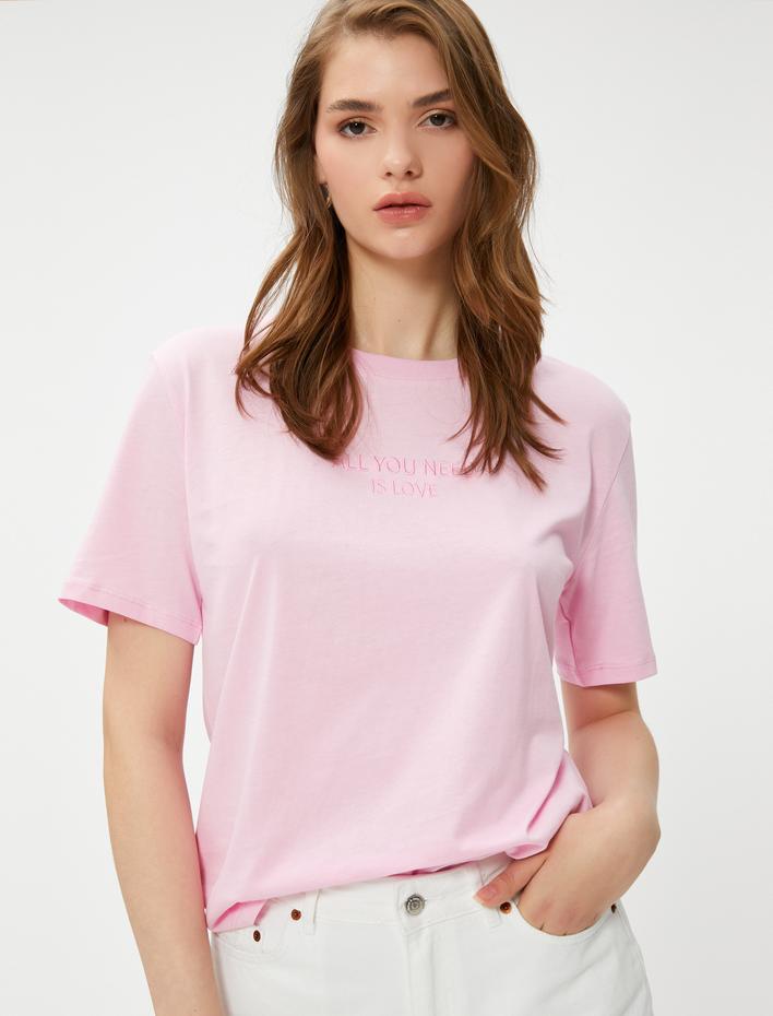  Yazı İşlemeli Tişört Bisiklet Yaka