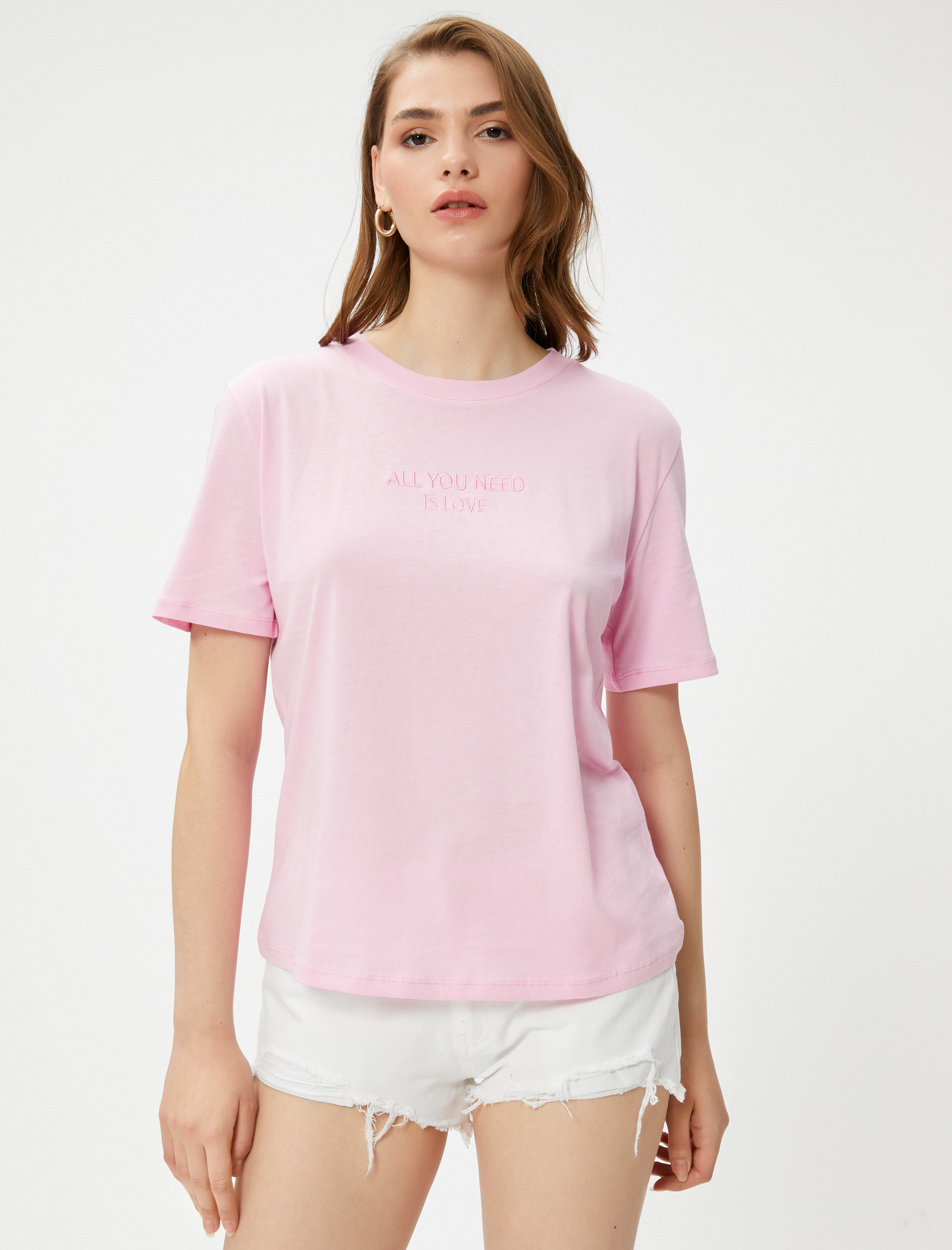   Yazı İşlemeli Tişört Bisiklet Yaka