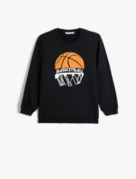 Sweatshirt Uzun Kollu Bisiklet Yaka Basketbol Temalı Baskı Detaylı Şardonlu