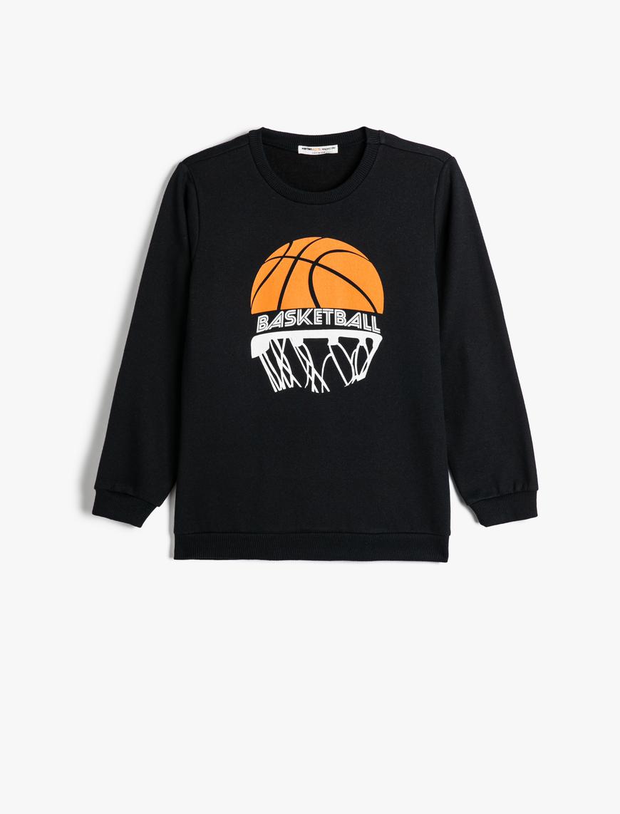  Erkek Çocuk Sweatshirt Uzun Kollu Bisiklet Yaka Basketbol Temalı Baskı Detaylı Şardonlu