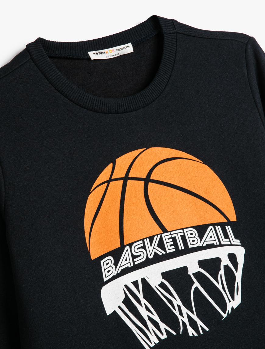  Erkek Çocuk Sweatshirt Uzun Kollu Bisiklet Yaka Basketbol Temalı Baskı Detaylı Şardonlu