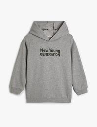 Kapşonlu Sweatshirt Uzun Kollu Slogan İşlemeli Şardonlu
