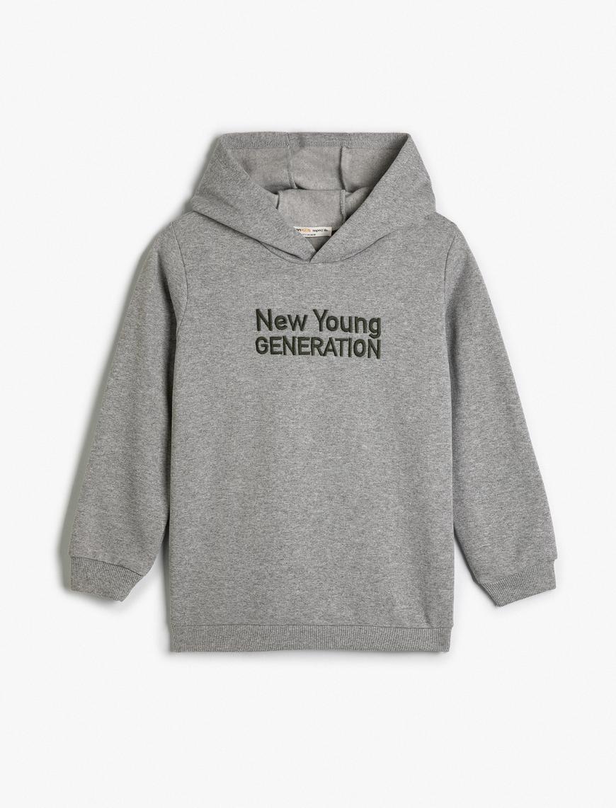  Erkek Çocuk Kapşonlu Sweatshirt Uzun Kollu Slogan İşlemeli Şardonlu