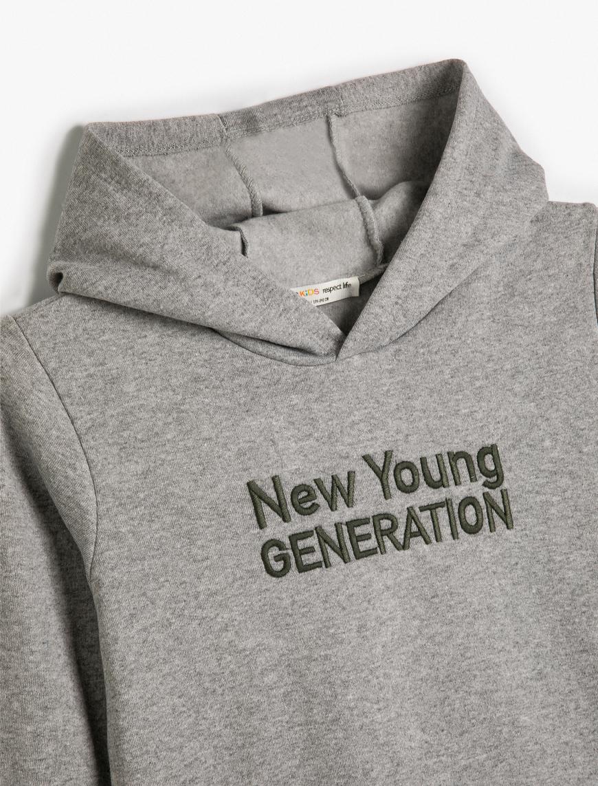  Erkek Çocuk Kapşonlu Sweatshirt Uzun Kollu Slogan İşlemeli Şardonlu