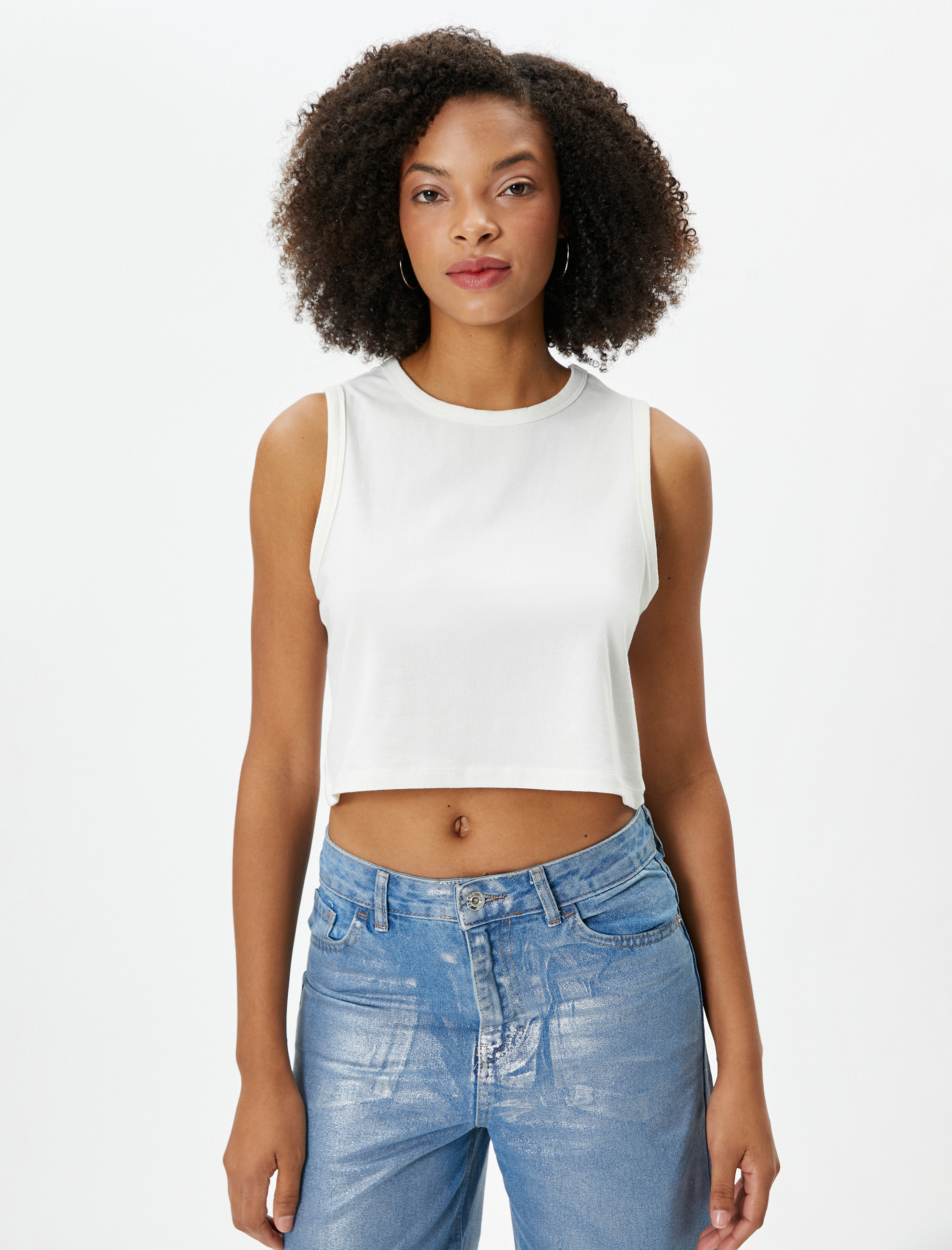   Kolsuz Basic Crop Tişört Bisiklet Yaka Pamuklu