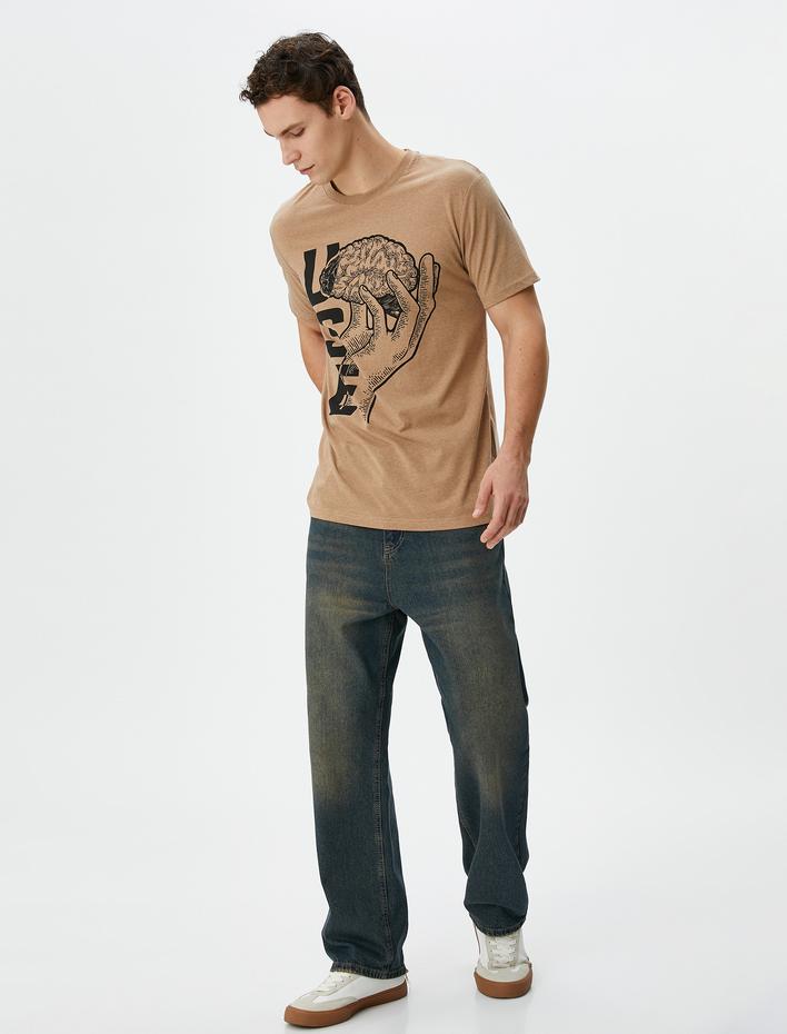  Slogan Baskılı Tişört Bisiklet Yaka Kısa Kollu