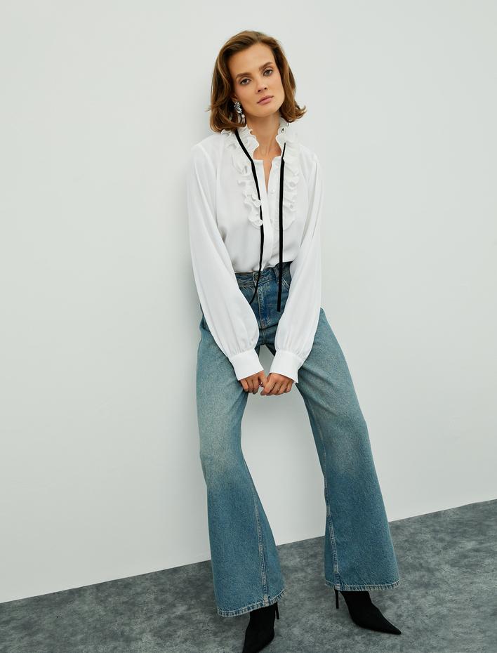  Melis Ağazat X Koton - Fırfırlı Kurdele Detaylı Bluz