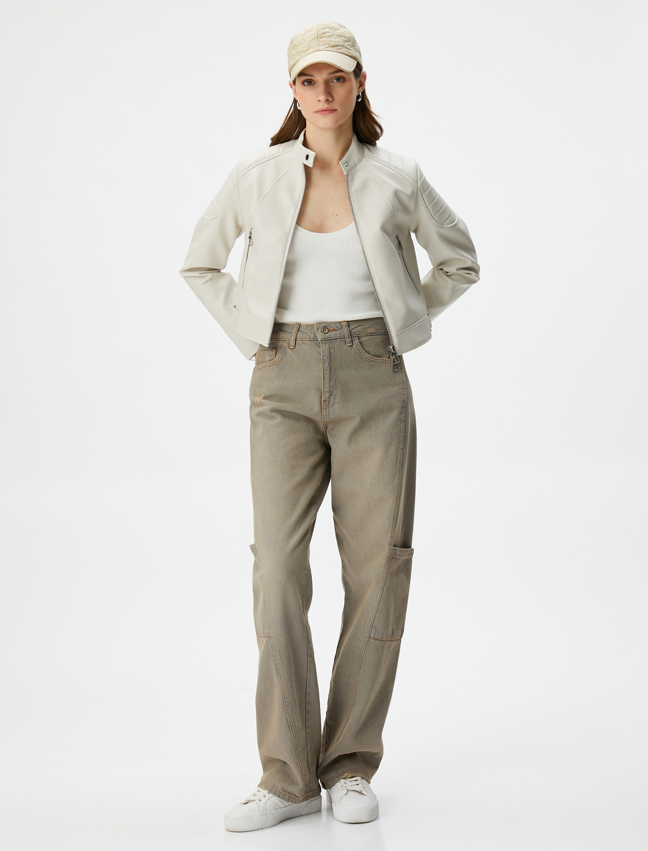   Suni Deri Biker Ceket Fermuarlı Cepli