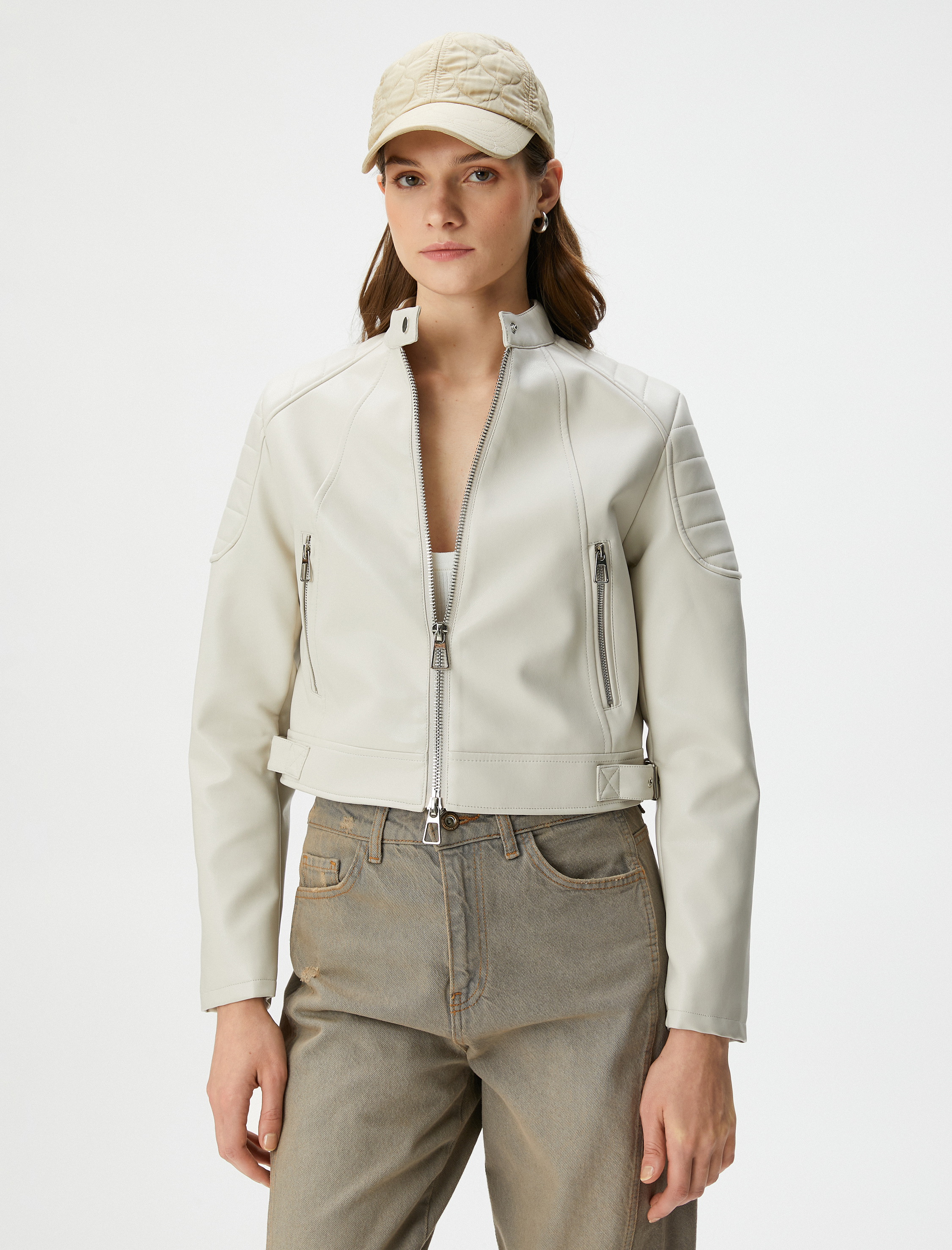   Suni Deri Biker Ceket Fermuarlı Cepli