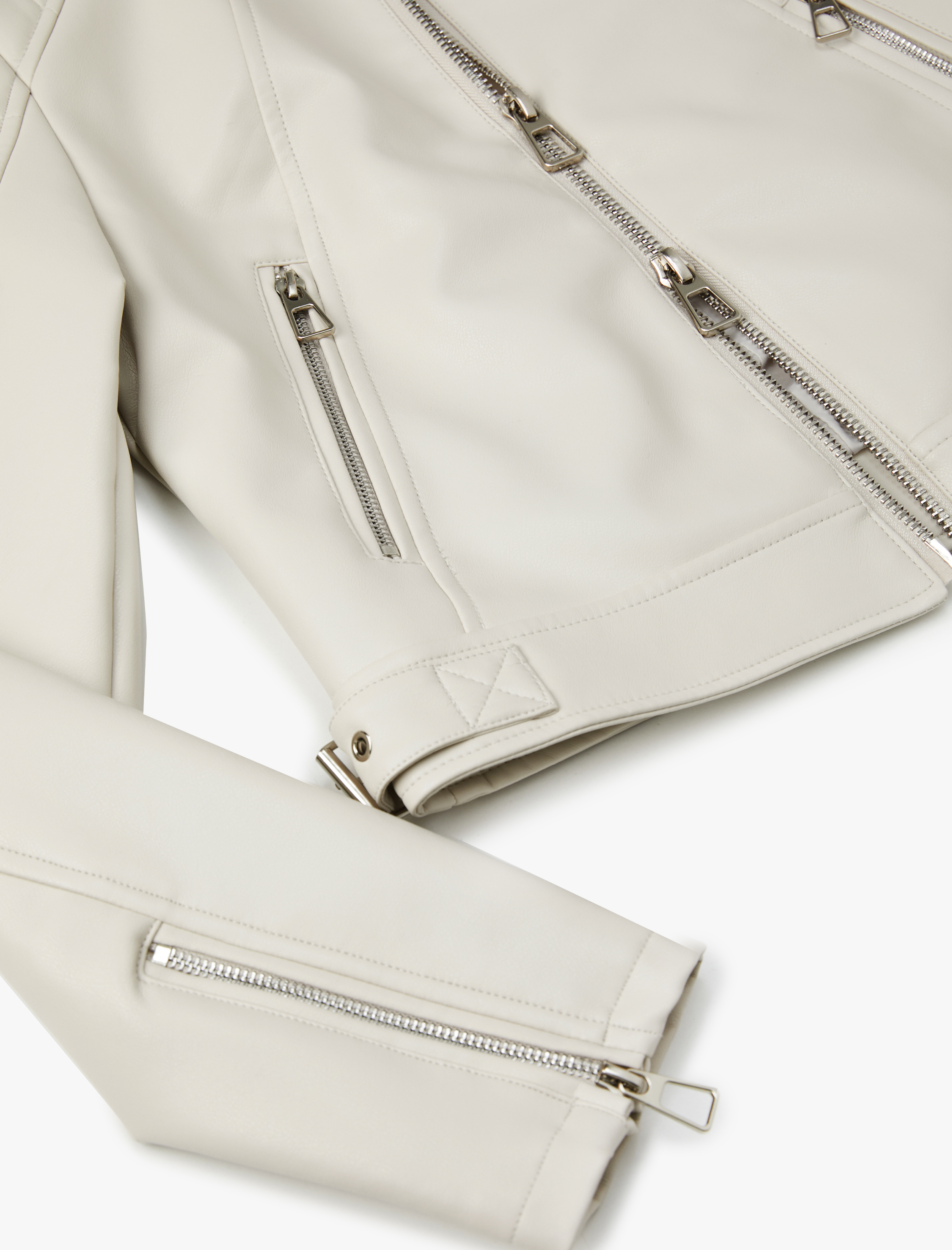   Suni Deri Biker Ceket Fermuarlı Cepli